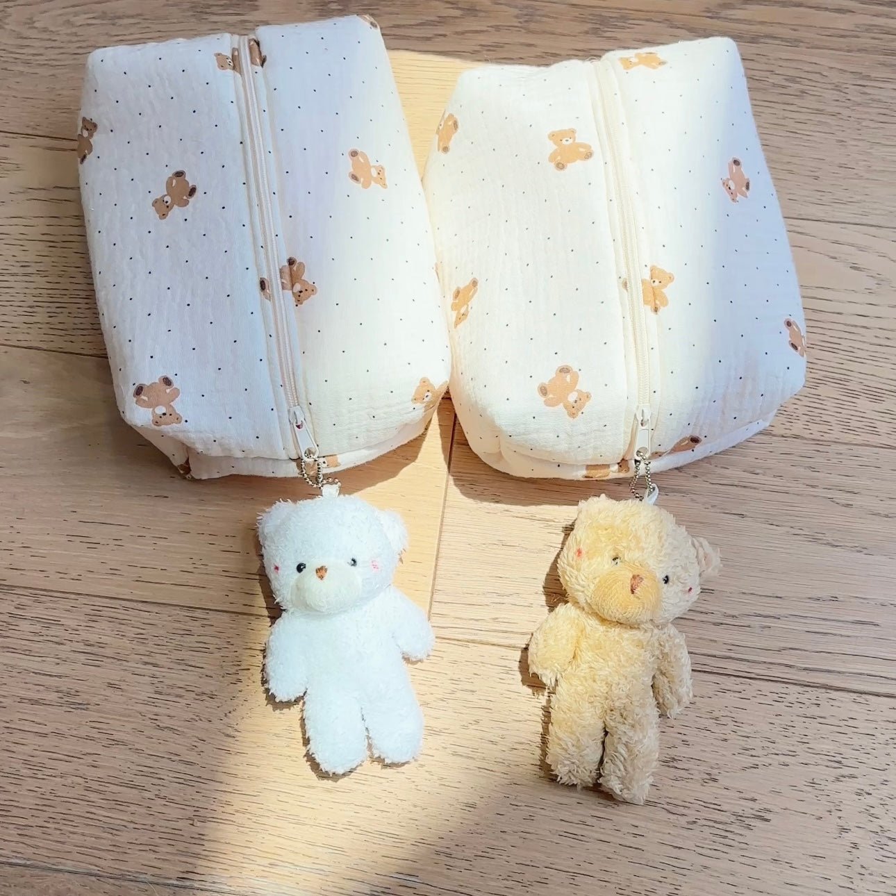 White and beige teddy bear keychain charms, plush with metal clip