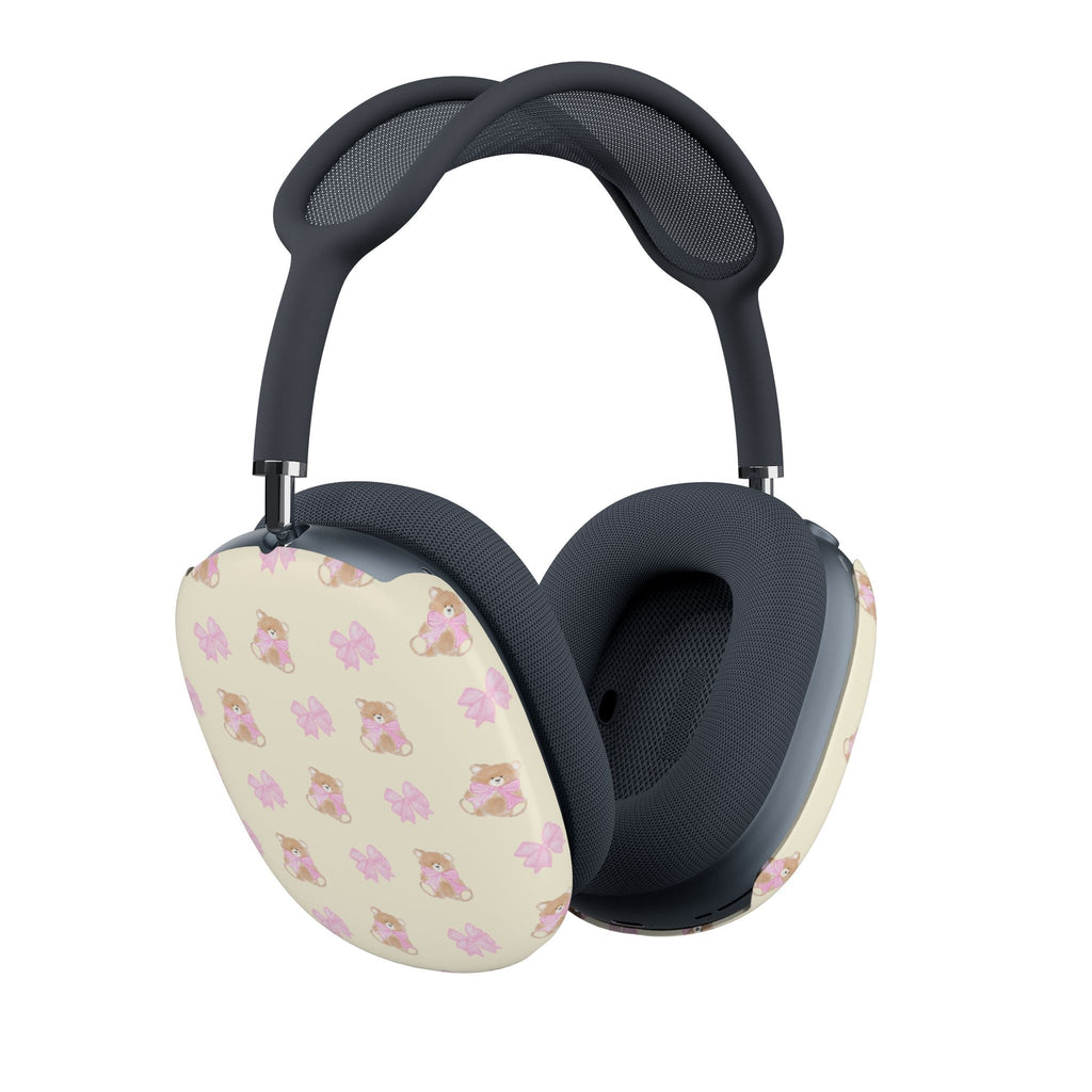 Navy headphone case covers with pink teddy bear print on both ear pads