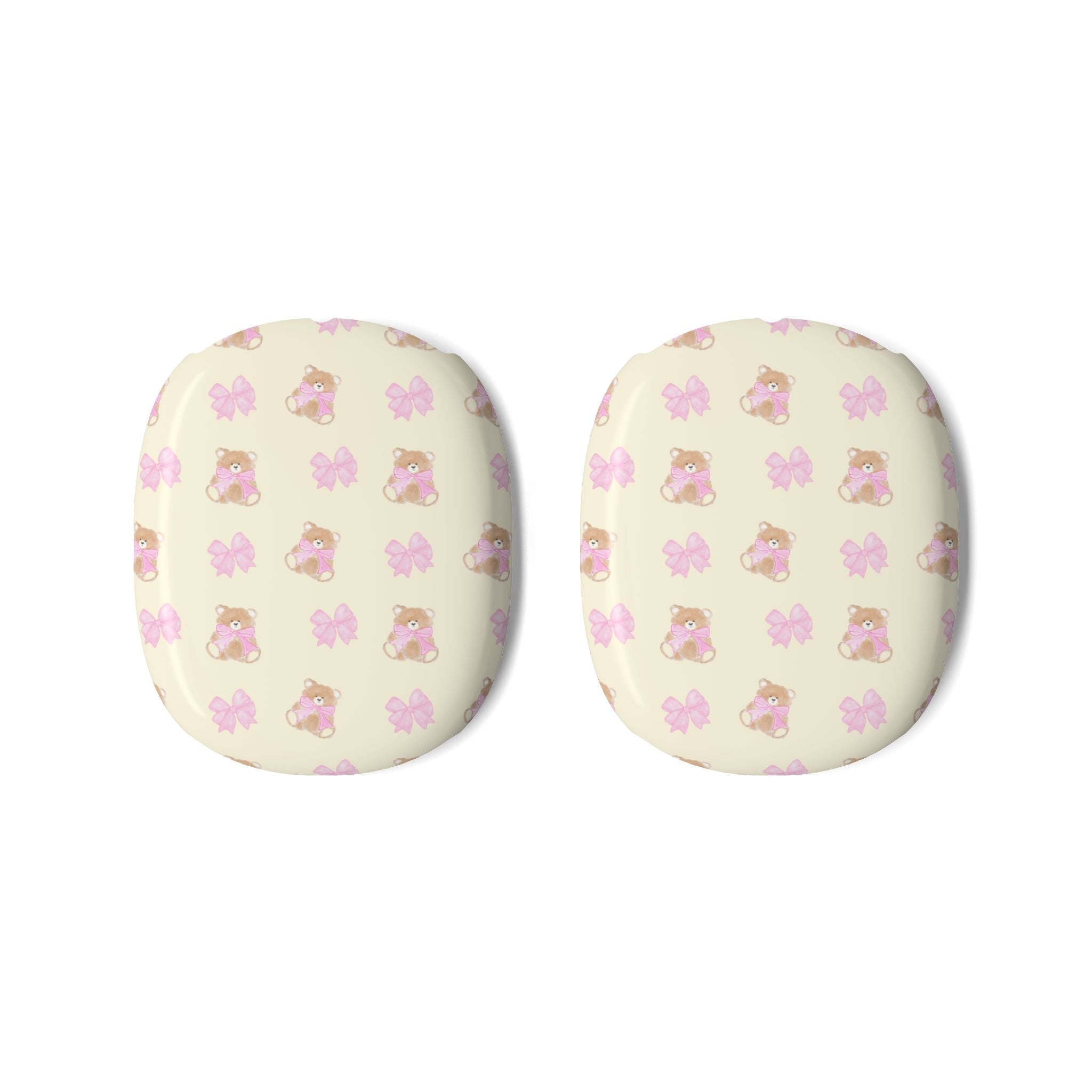 Pair of round ear pad covers in pale pink with teddy bear and butterfly print
