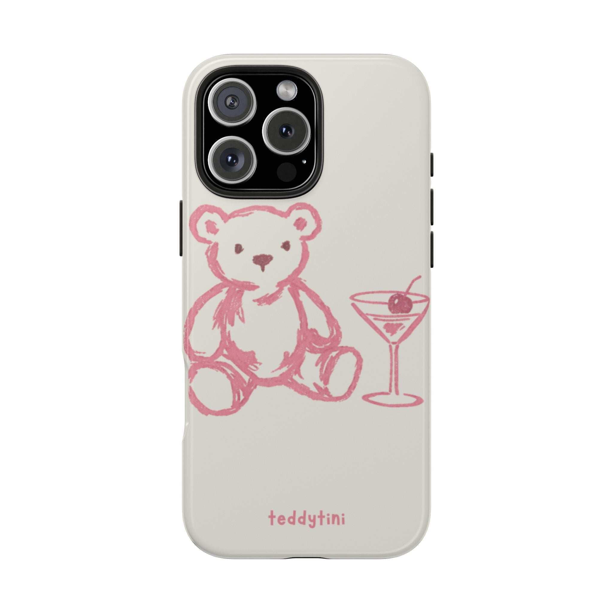 Light beige phone case with pink teddy bear and martini graphic; cutouts for camera and buttons