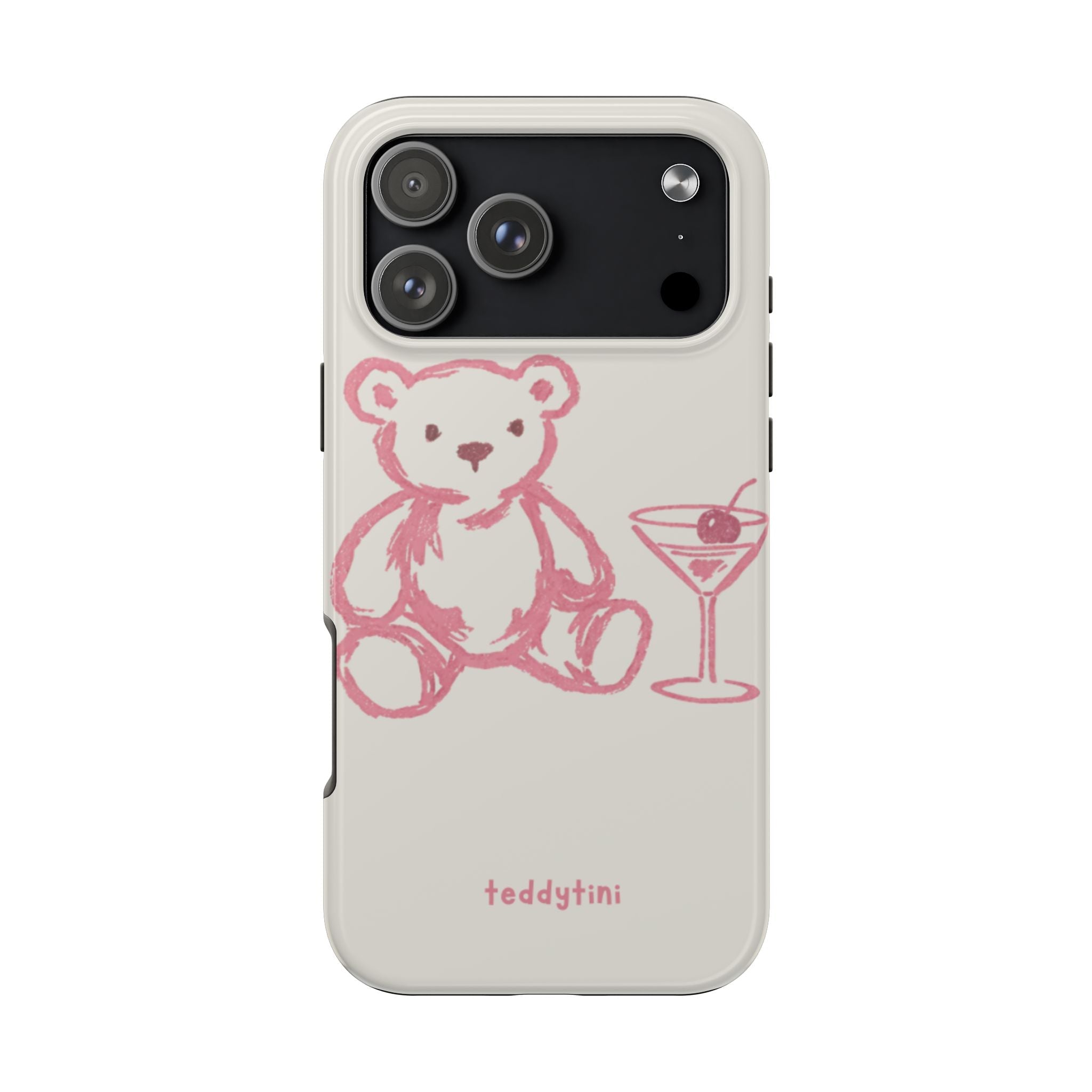 Light beige teddy bear phone case with pink martini illustration; visible camera cutout