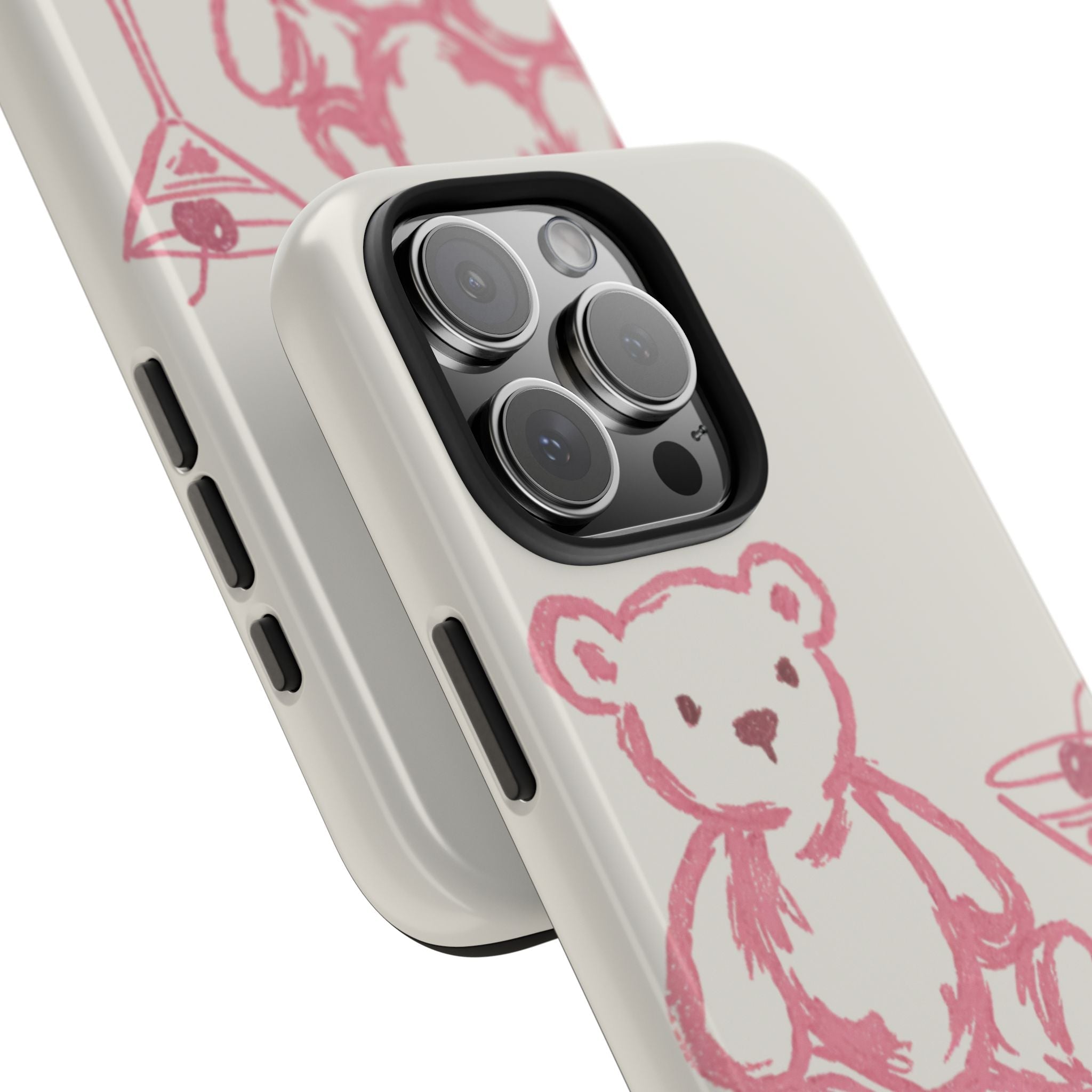 Beige phone case corner with pink teddy bear graphic and raised camera lens protection