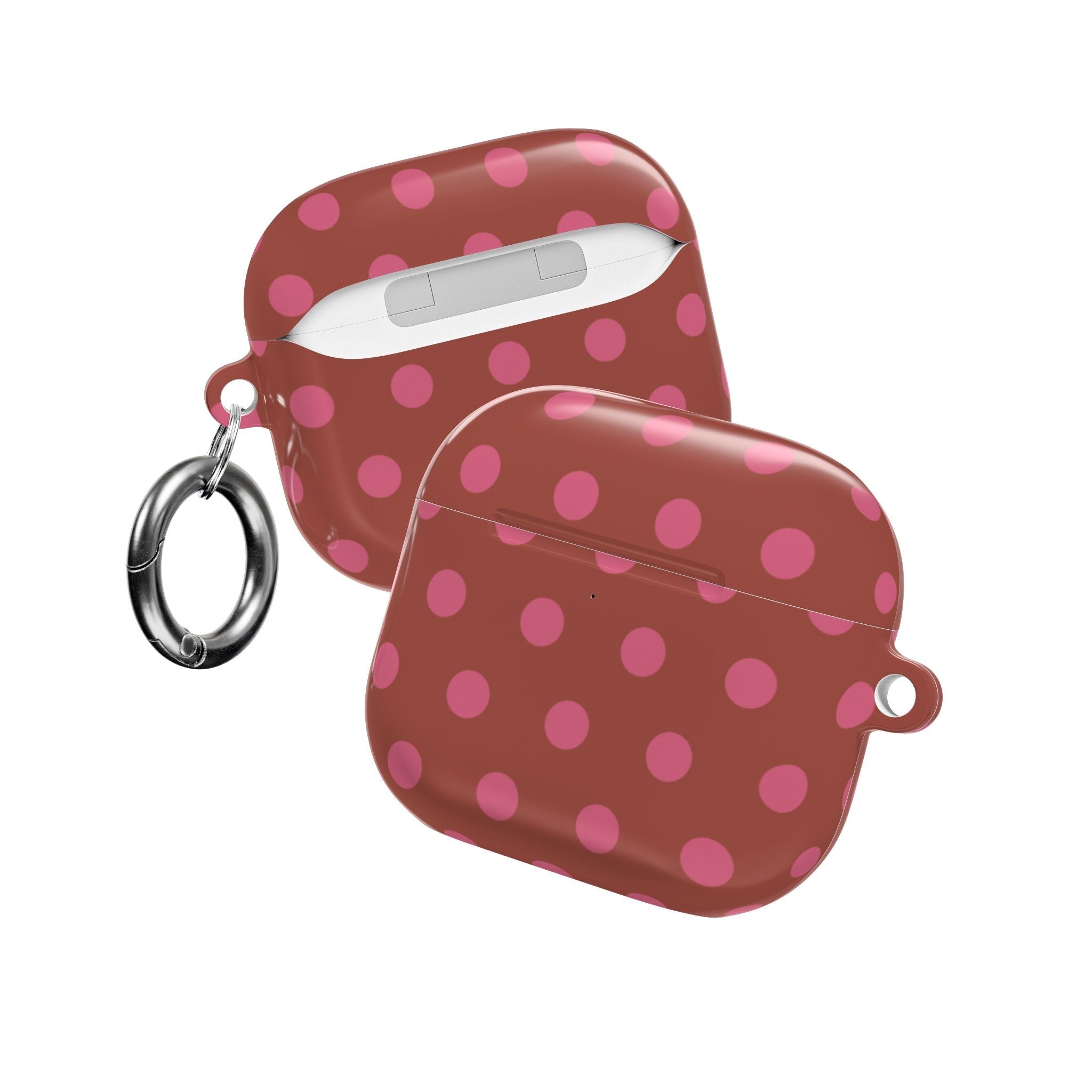 Terracotta AirPods case set with pink polka dots, both showing metal keyrings
