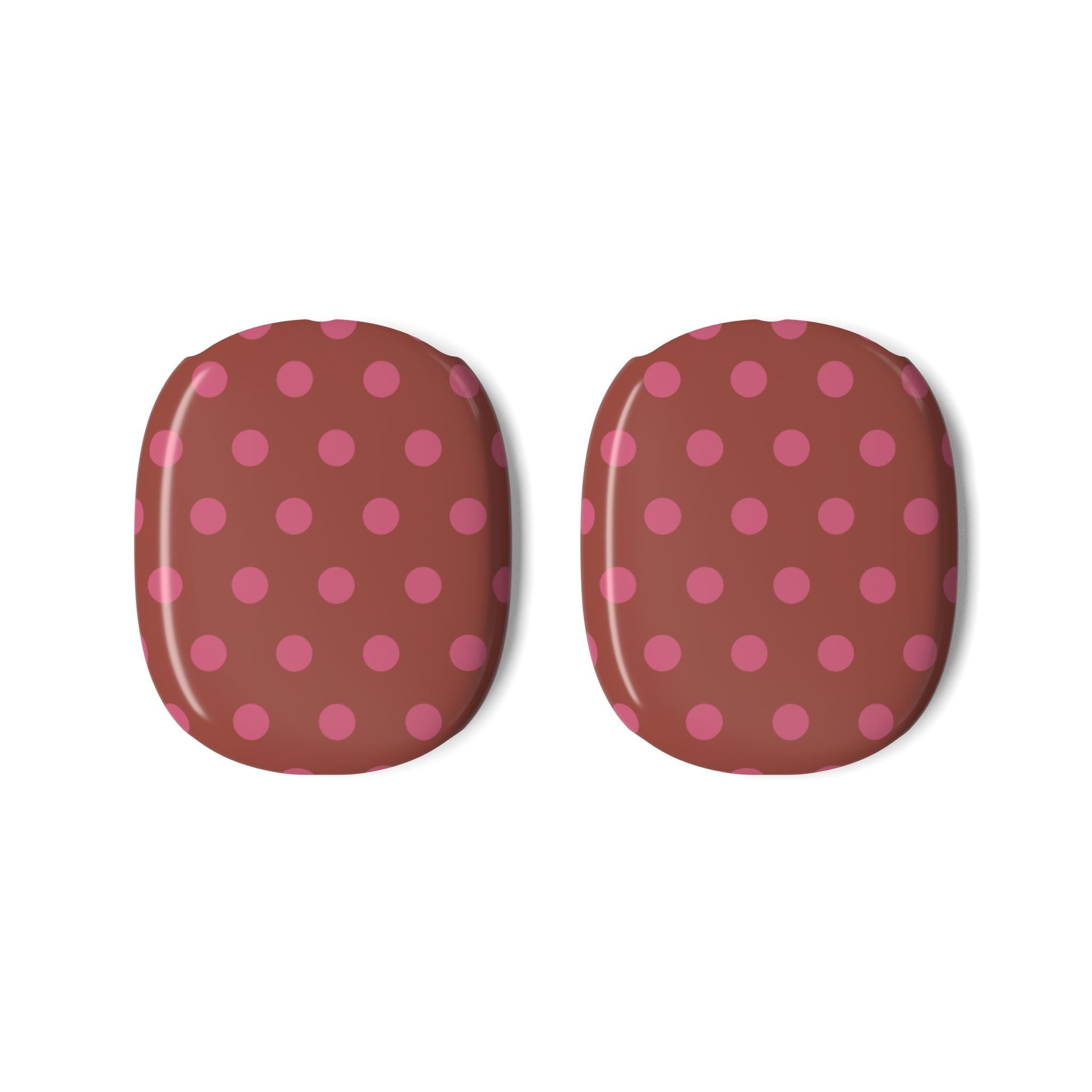 Terracotta polka dot AirPods Max ear pad covers, pink dot pattern on both sides