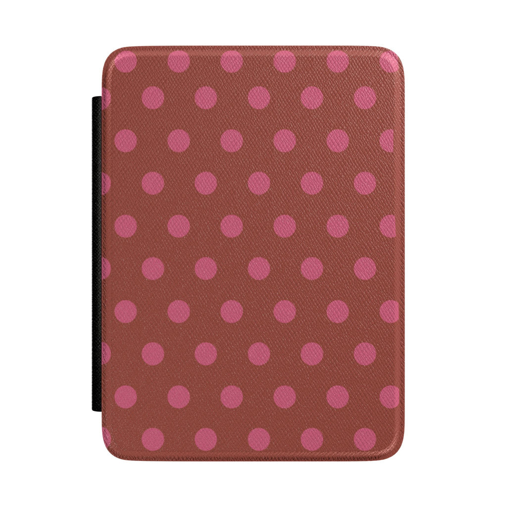 Terracotta hardcover Kindle case with pink polka dot pattern, rounded corners