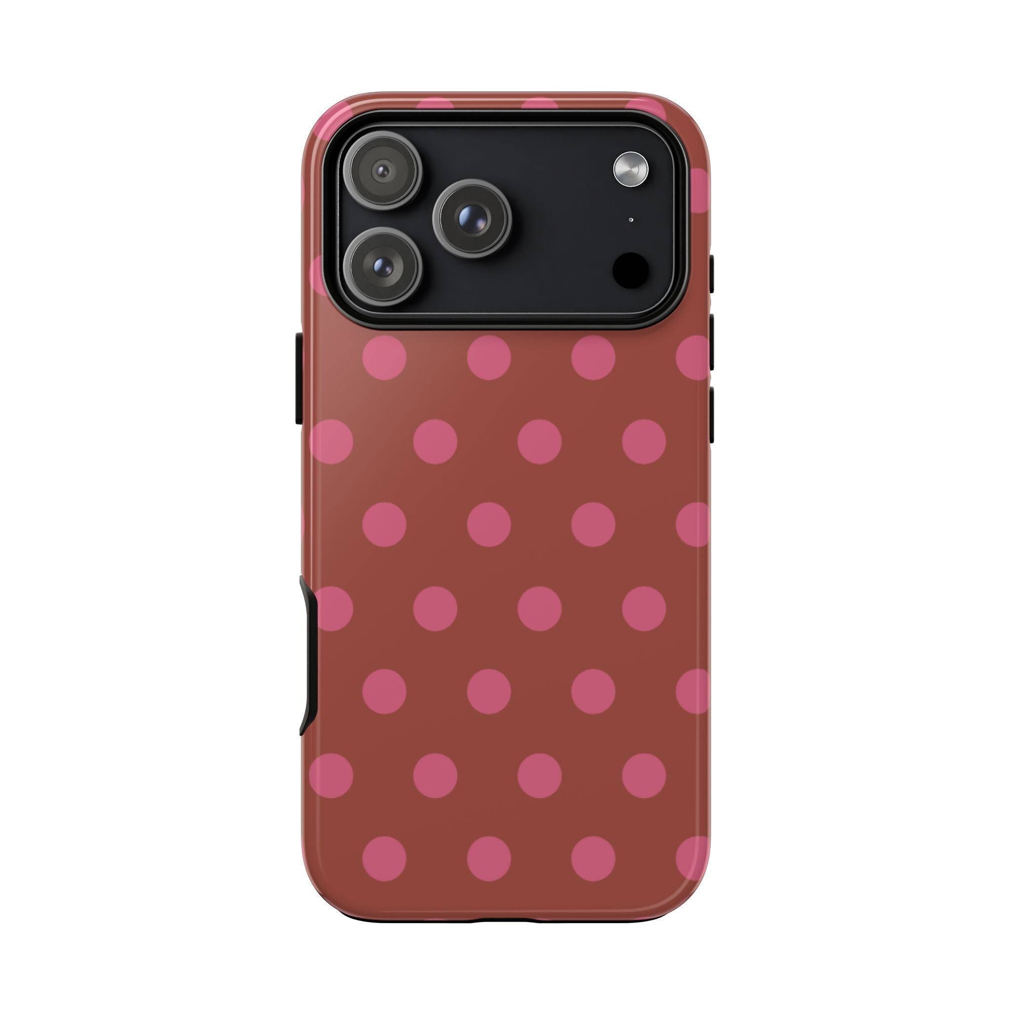Terracotta polka dot phone case with pink dots and black camera frame on back