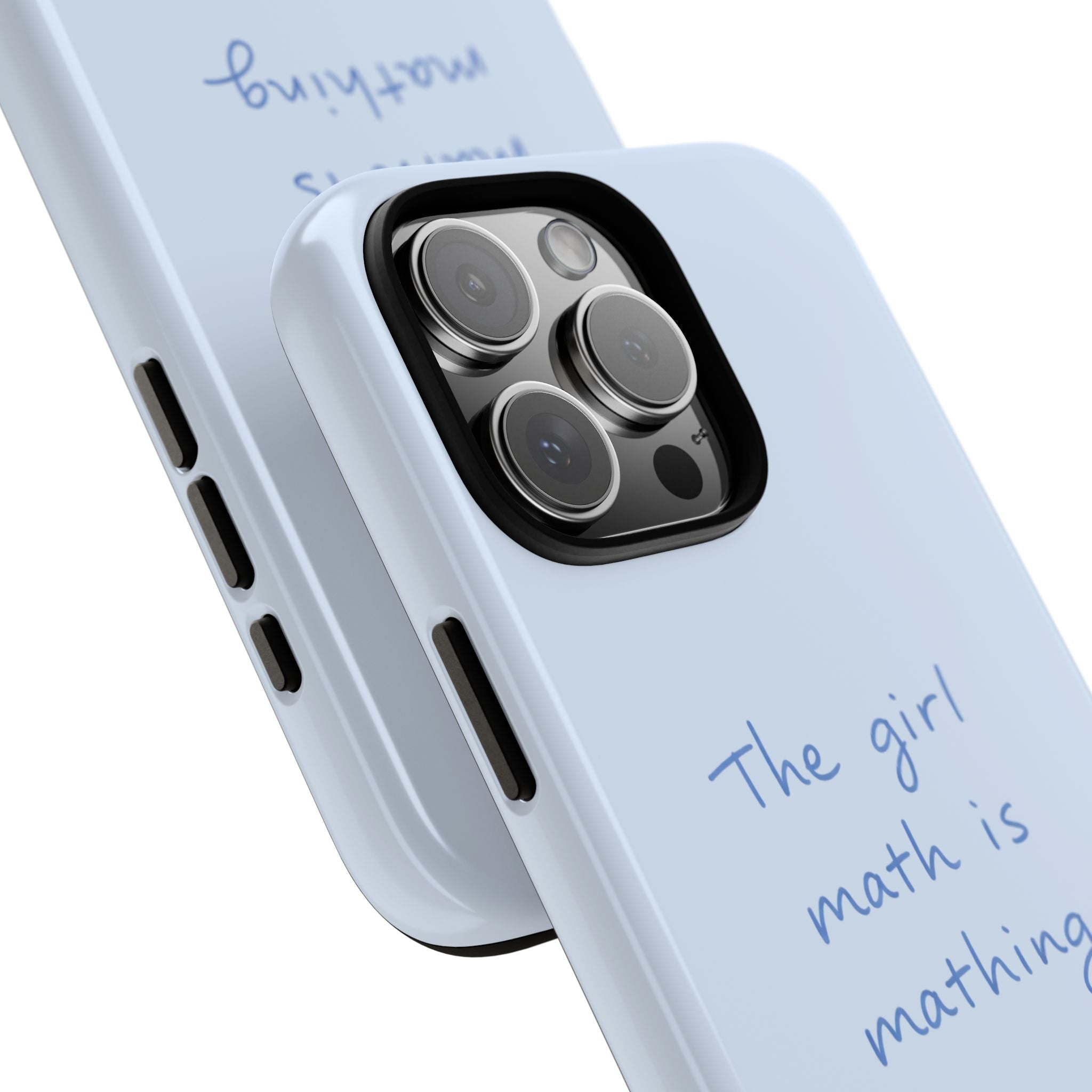 Angle view light blue phone case with blue quote, side button cutouts and camera lenses