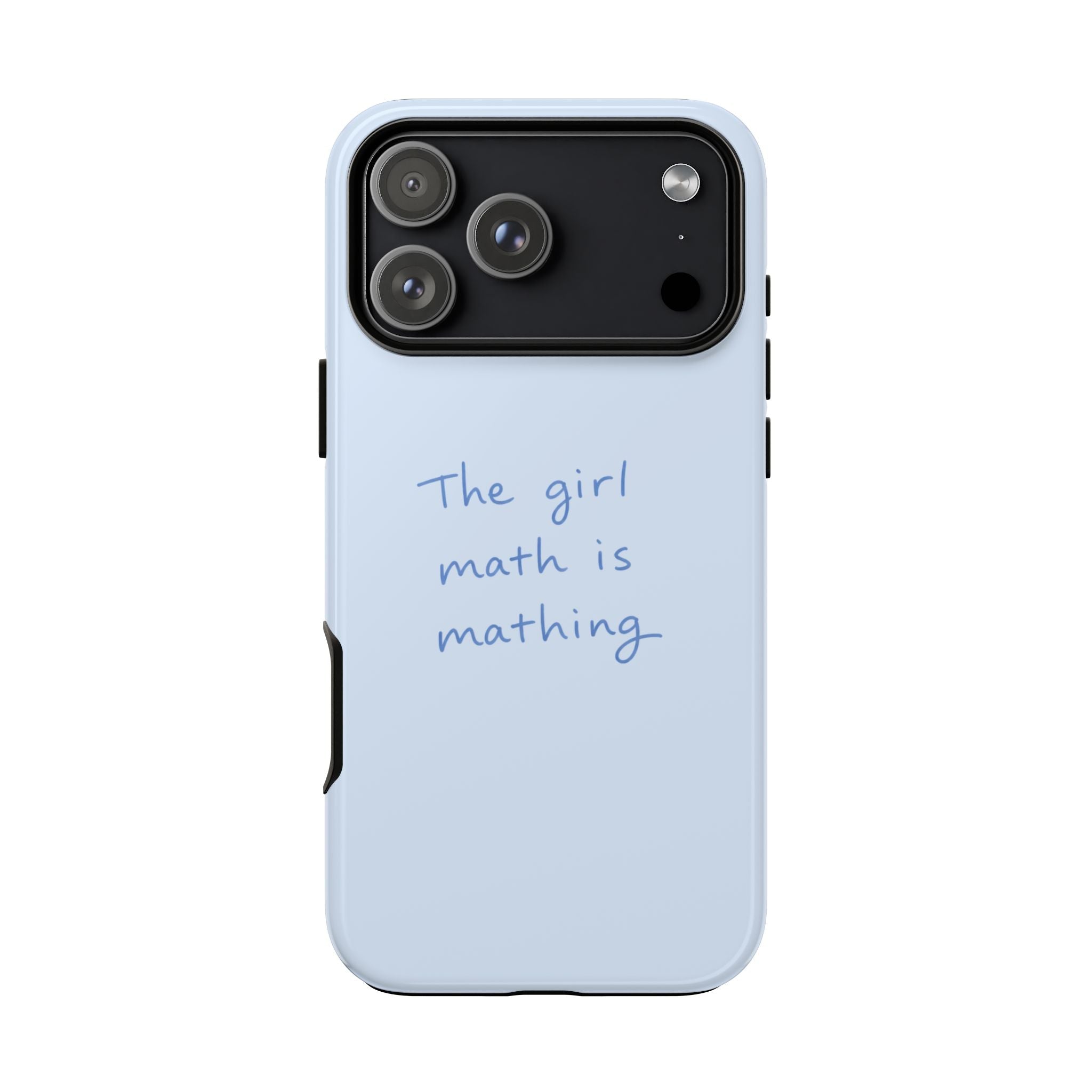 Light blue phone case, blue quote on back, black camera module cutout