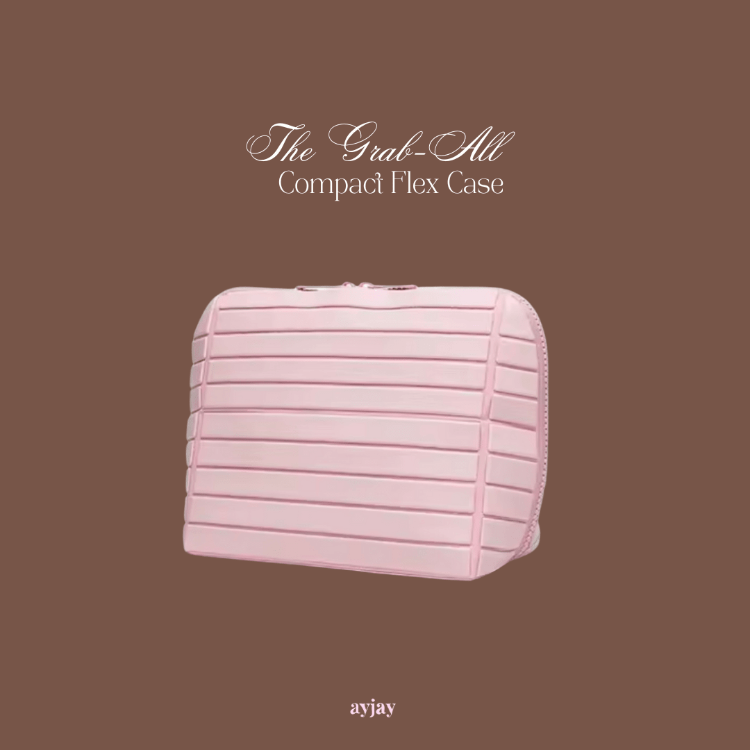 Pink compact flex case shown alone, with striped molded design and zipper edge