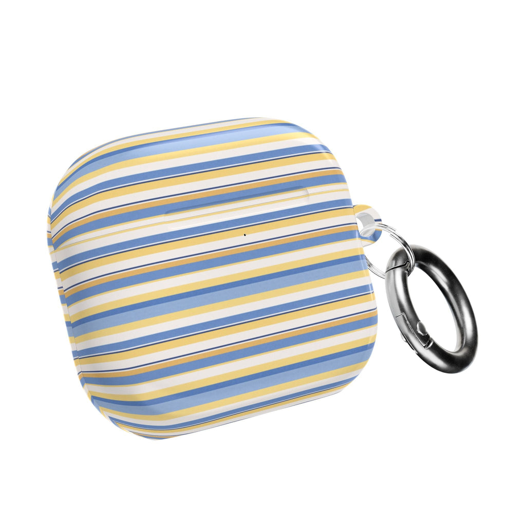 Striped AirPods case with blue and yellow horizontal lines and metal keyring
