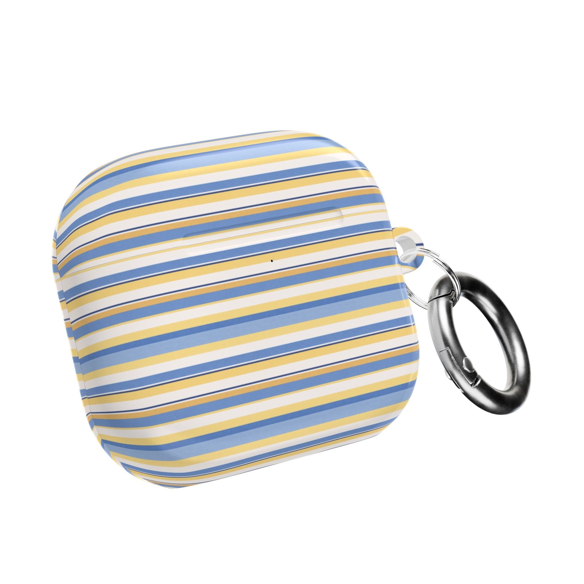 Striped AirPods case with blue and yellow horizontal lines and metal keyring