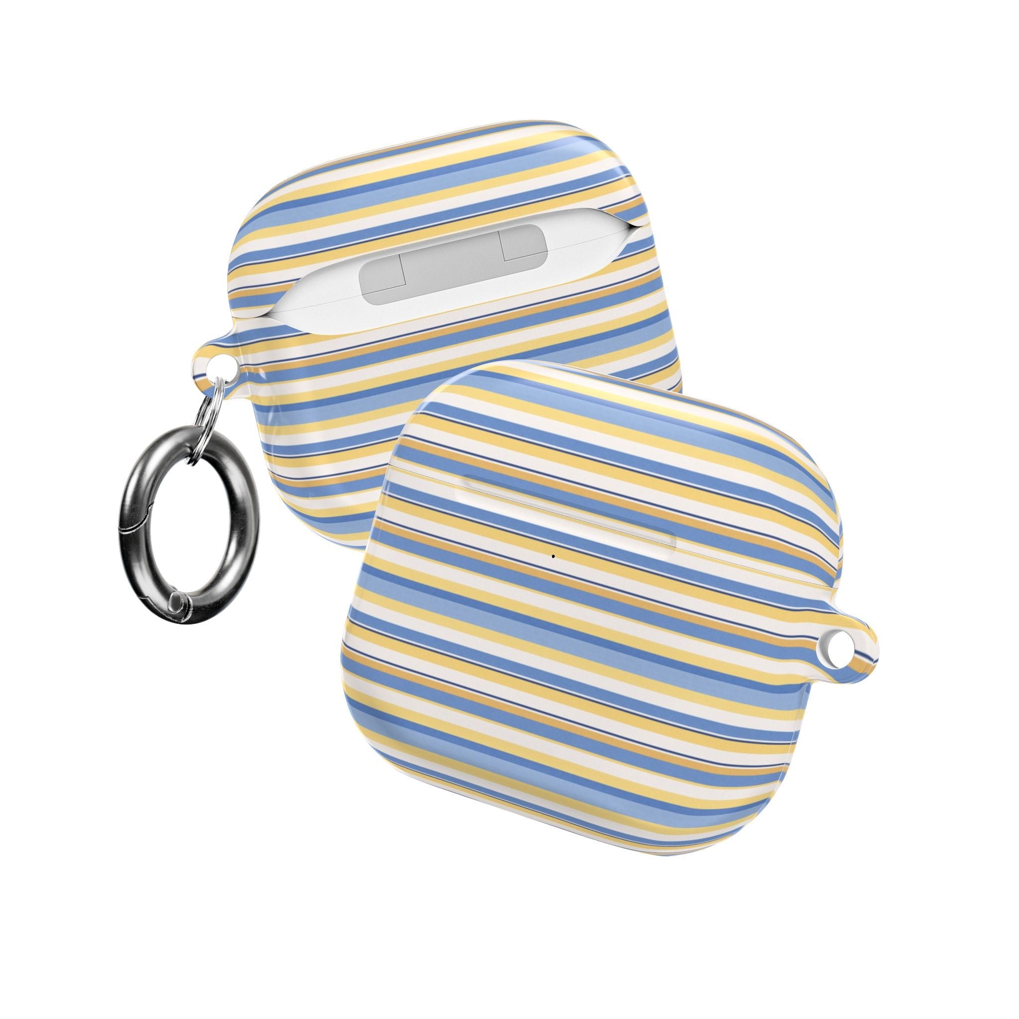 Striped AirPods case pair, blue and yellow lines with keyring and charging port cutout