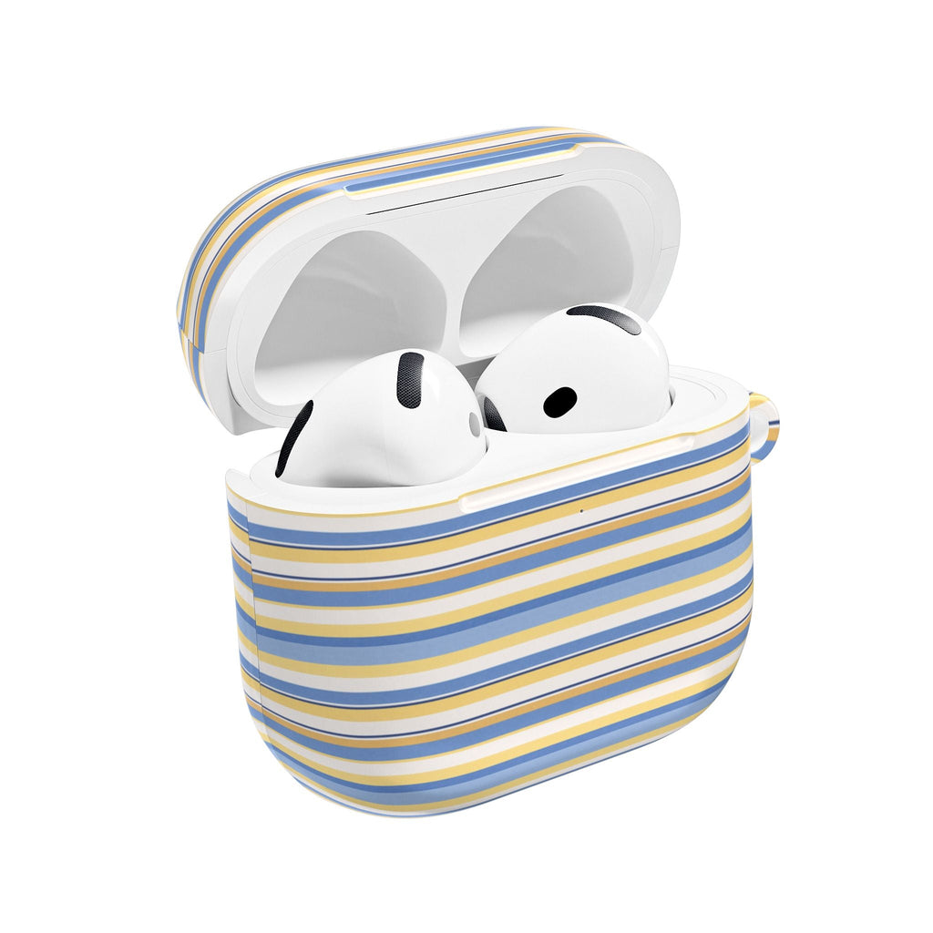 Striped AirPods case in blue and yellow, open lid showing earbuds