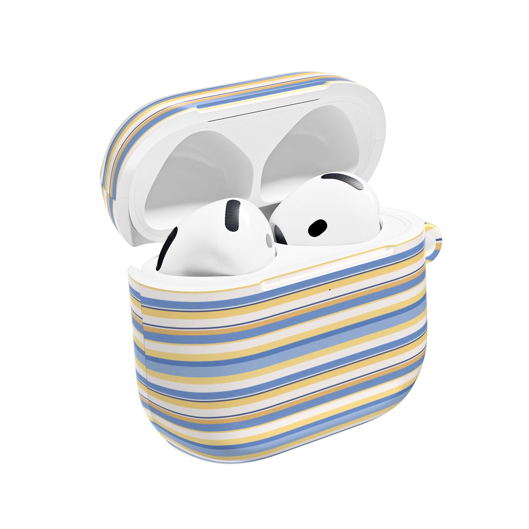 Striped AirPods case in blue and yellow, open lid showing earbuds