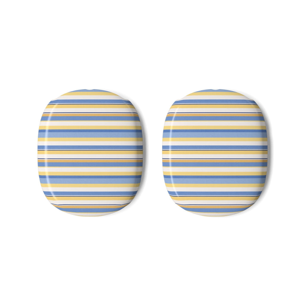 Two AirPods Max striped ear cup covers, blue and yellow horizontal stripes