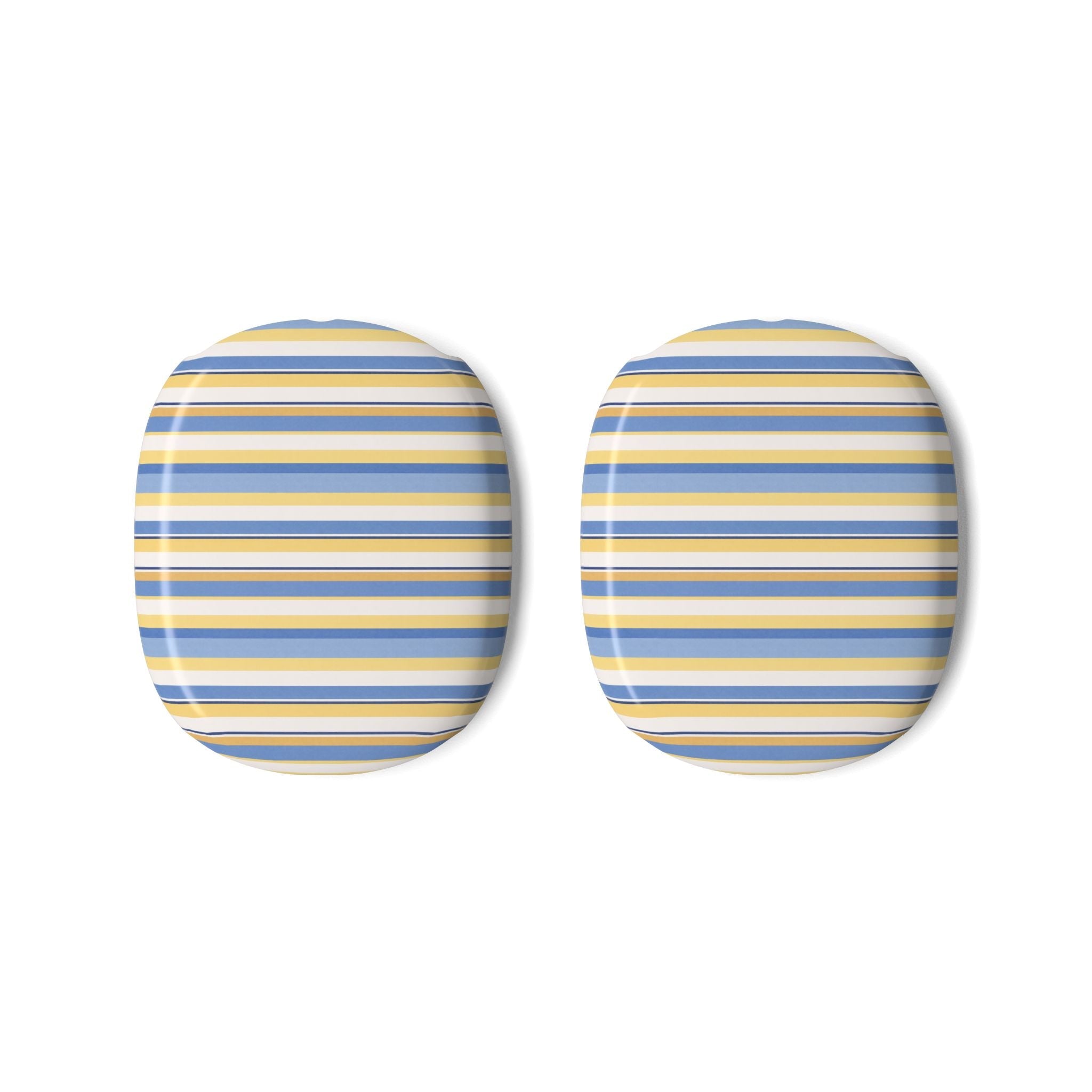 Two AirPods Max striped ear cup covers, blue and yellow horizontal stripes
