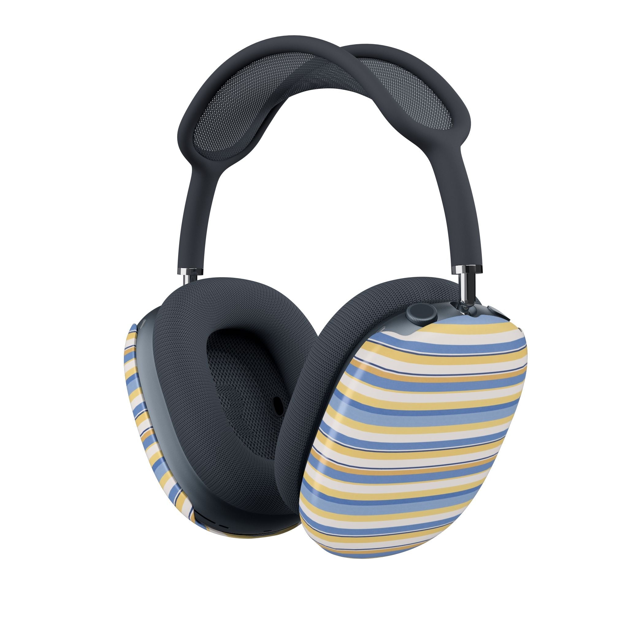 AirPods Max striped case covers with blue, yellow, and white horizontal stripes