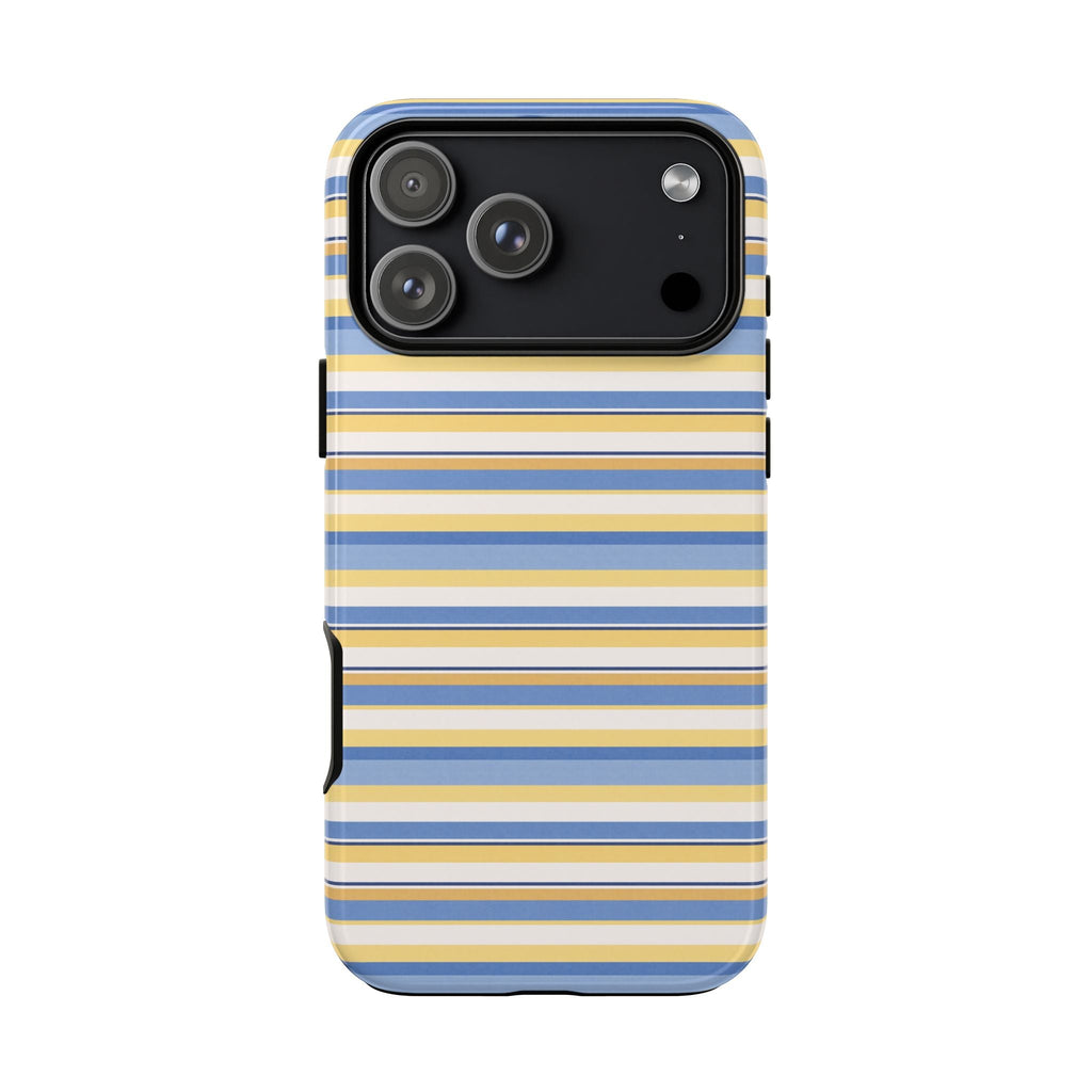 Striped phone case back view, blue and yellow horizontal stripes, raised camera bump