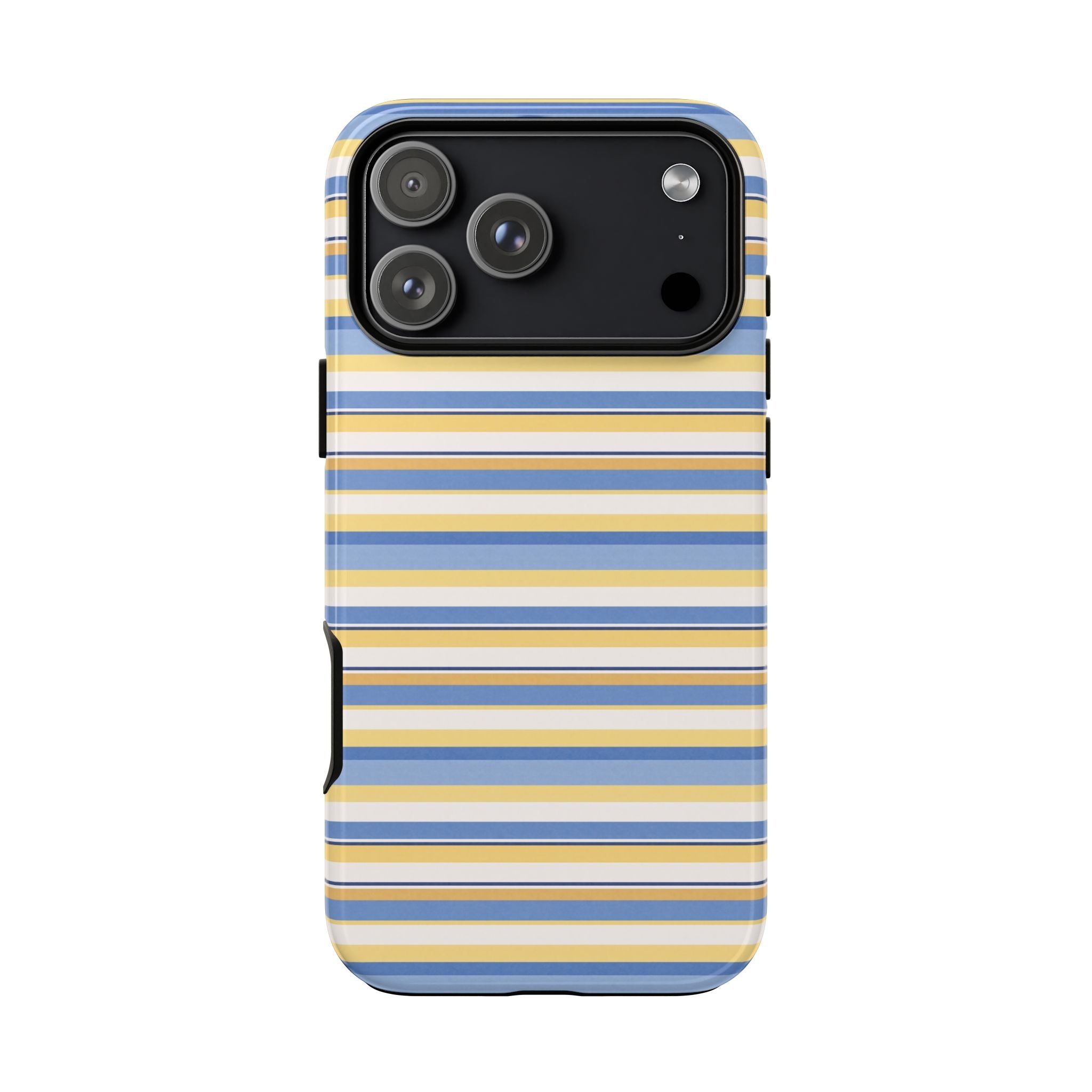 Striped phone case back view, blue and yellow horizontal stripes, raised camera bump