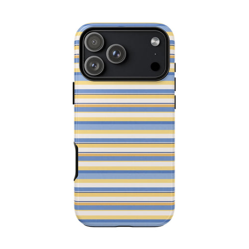 Striped phone case back view, blue and yellow horizontal stripes, raised camera bump