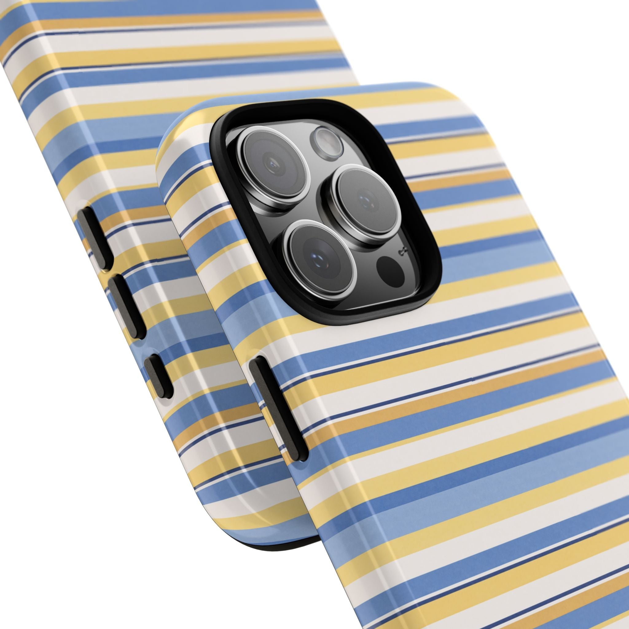 Striped phone case with blue and yellow horizontal stripes, side grips and camera openings