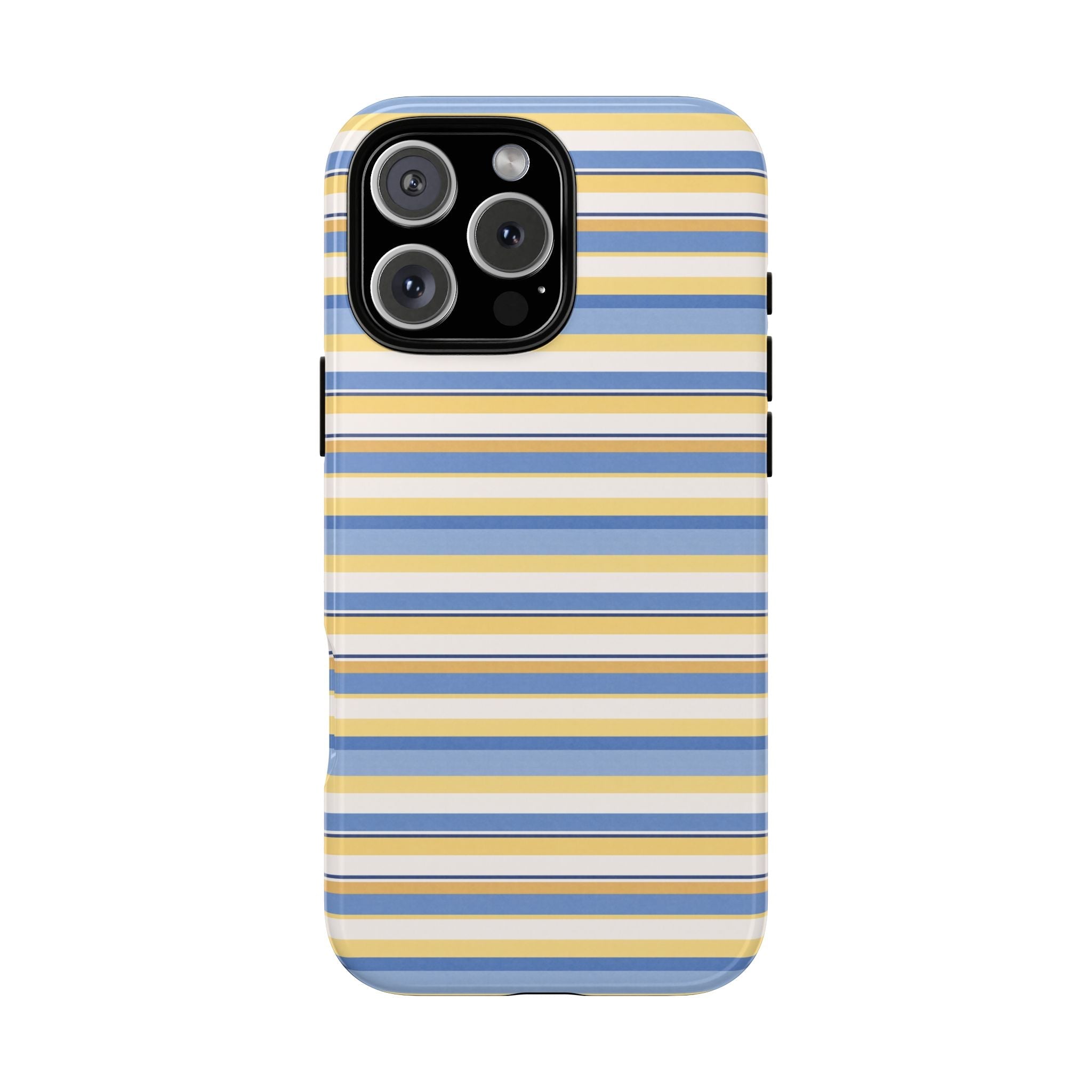 Striped phone case in blue, yellow, and white horizontal lines with camera cutout