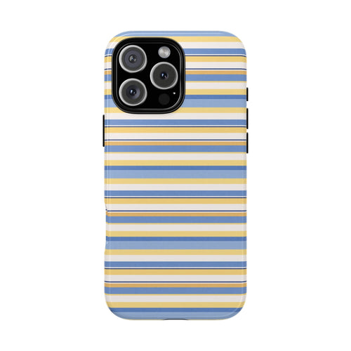 Striped phone case in blue, yellow, and white horizontal lines with camera cutout