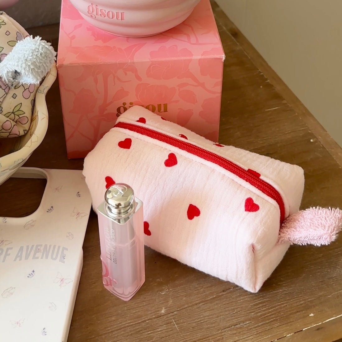 Plush mini pouch keychain bag, white with red hearts and red zipper, open front