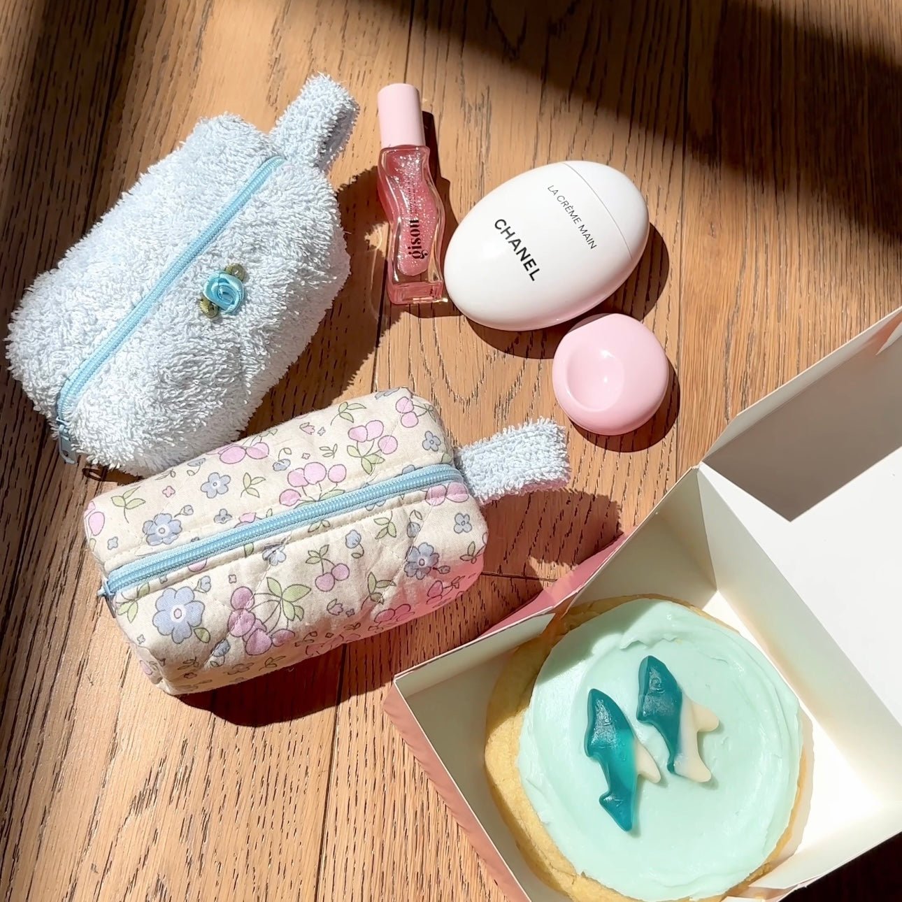 Mini keychain bag set: light blue teddy pouch and pastel floral zip pouch with bow