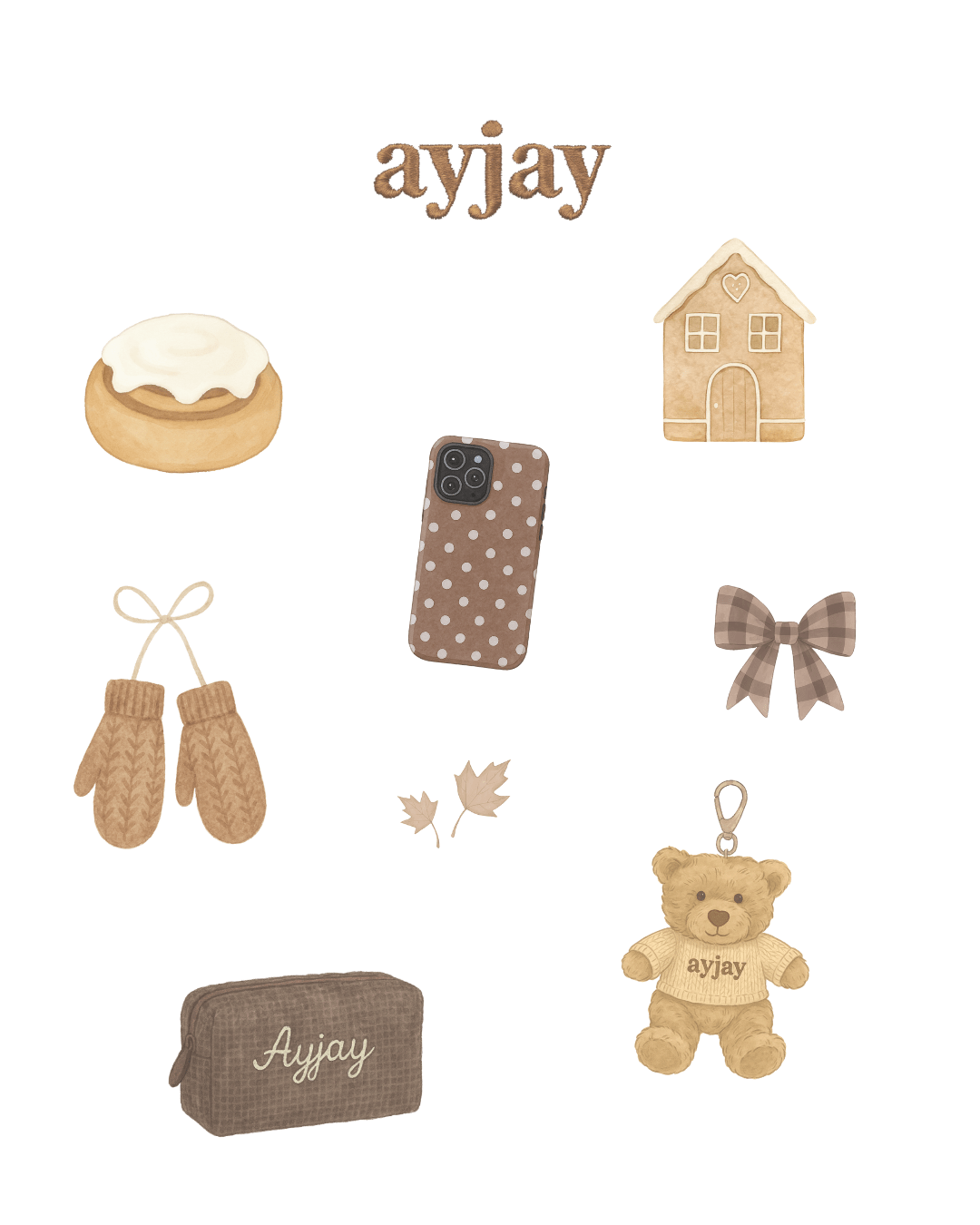 Brown Holiday sticker sheets: house, phone case, mittens, leaves, pouch, teddy keychain.