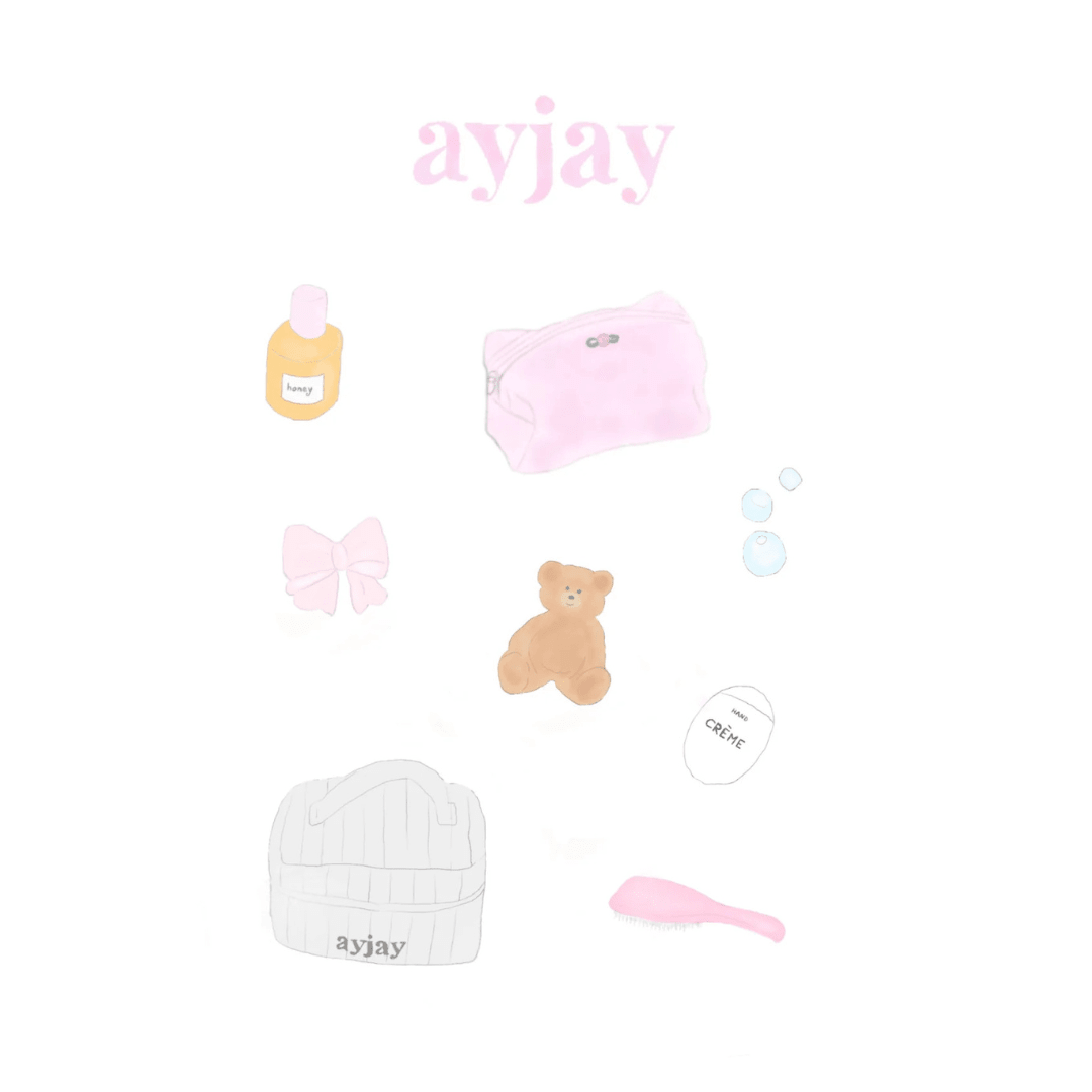 AYJAY essentials sticker sheet: bear, bow, hat, hearts, ice-cream icons