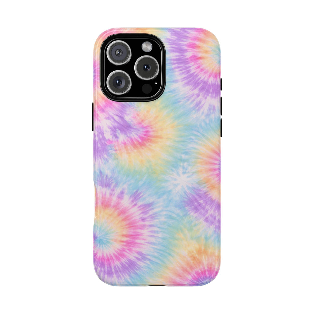 Tie-dye phone case with pastel rainbow swirls; camera cutout and side button openings