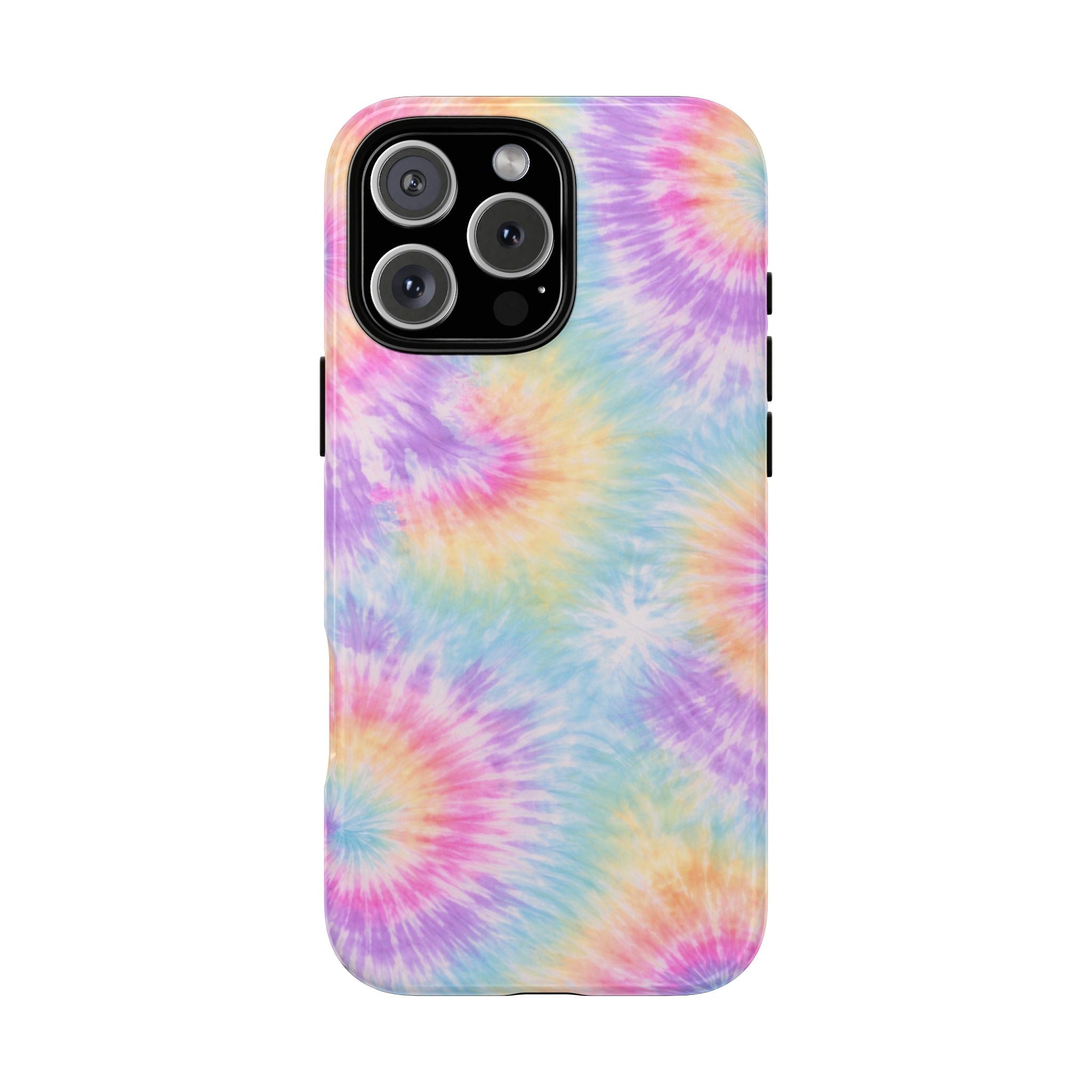 Tie-dye phone case with pastel rainbow swirls; camera cutout and side button openings