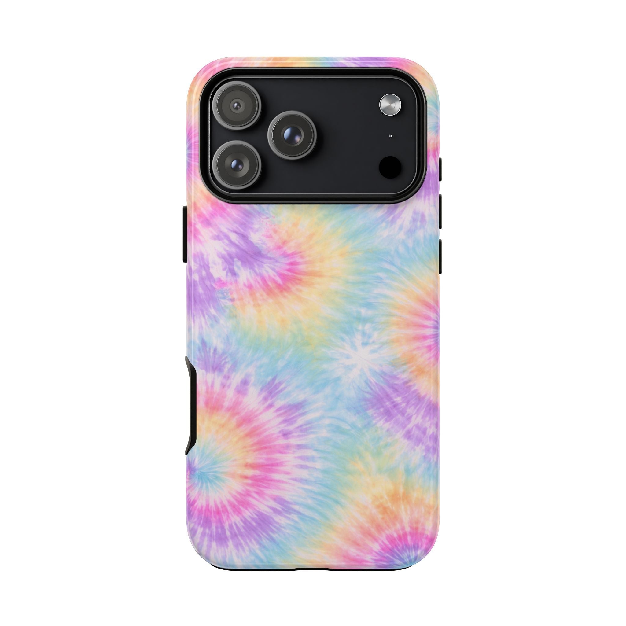 Tie-dye phone case with pastel spiral pattern; raised camera area and side cutouts