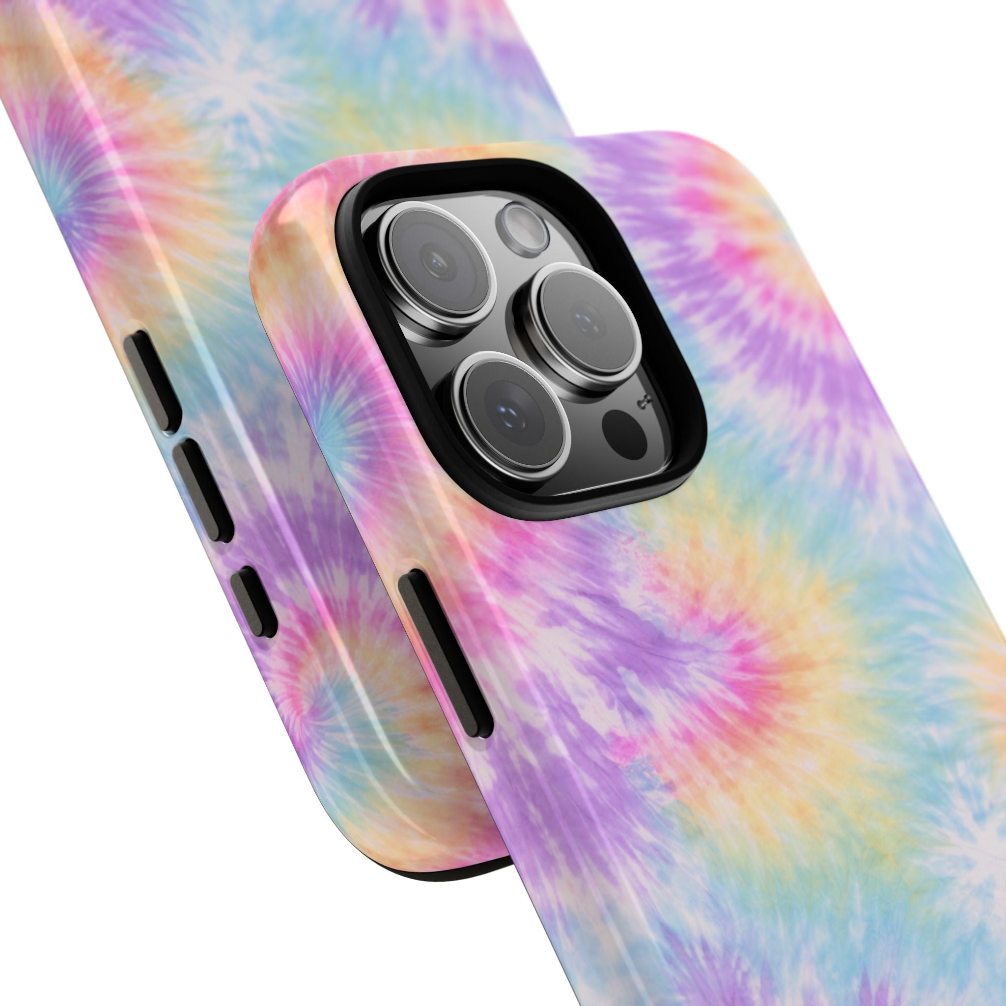 Pastel tie-dye phone case angled view showing camera lenses and side button cutouts