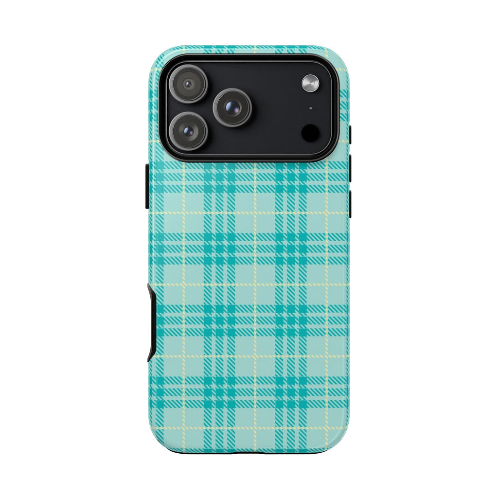Light blue and teal plaid phone case with camera cutout and smooth side edges