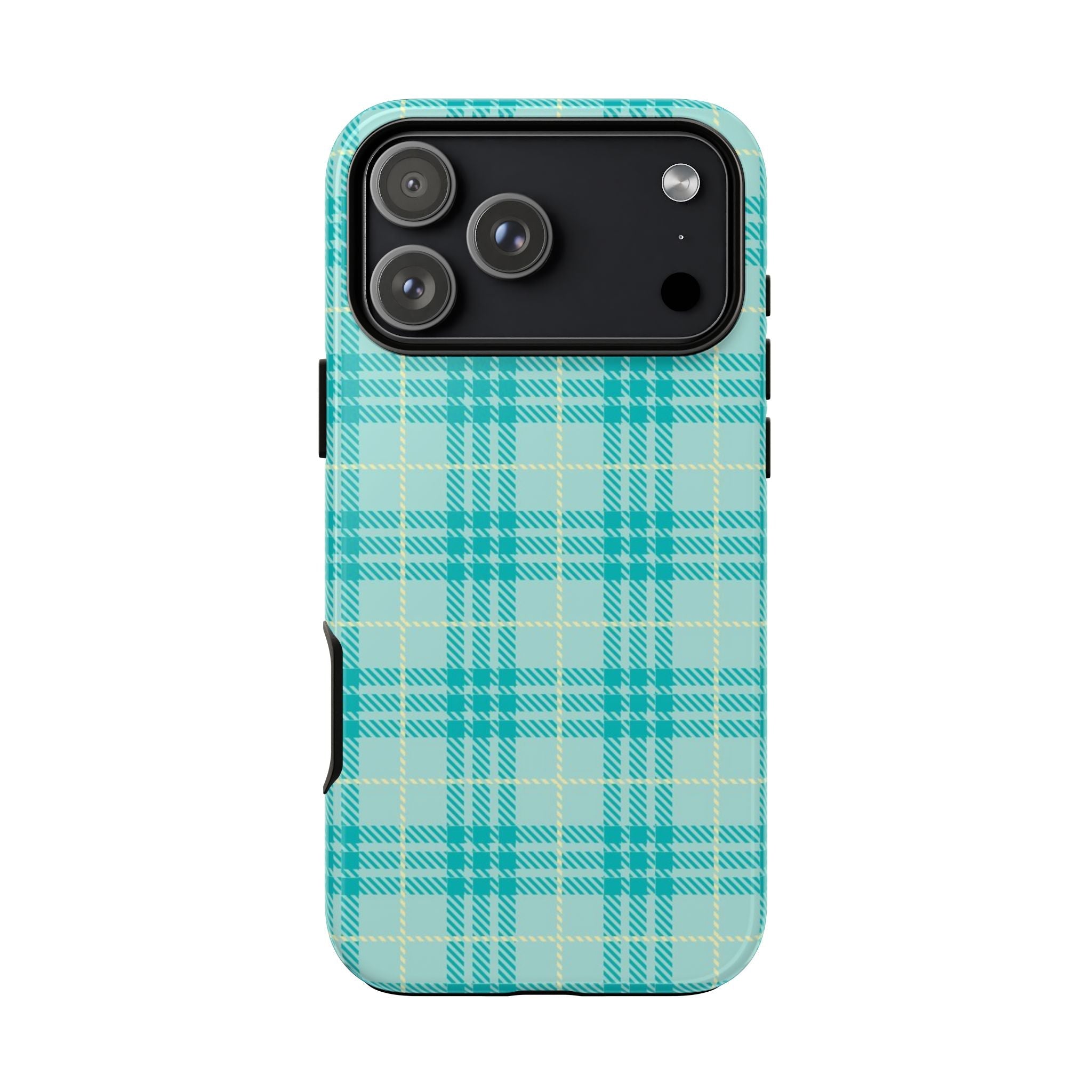 Light blue and teal plaid phone case with camera cutout and smooth side edges