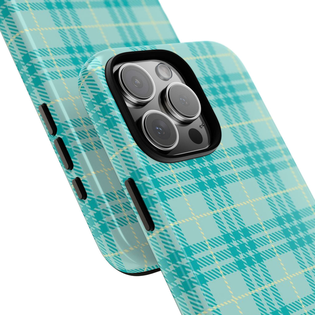 Turquoise plaid phone case angled view with three-lens camera cutout and side buttons