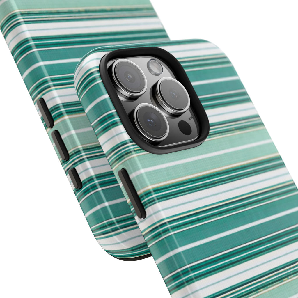 Pair of green-striped phone cases angled display, showing camera lens bump protection