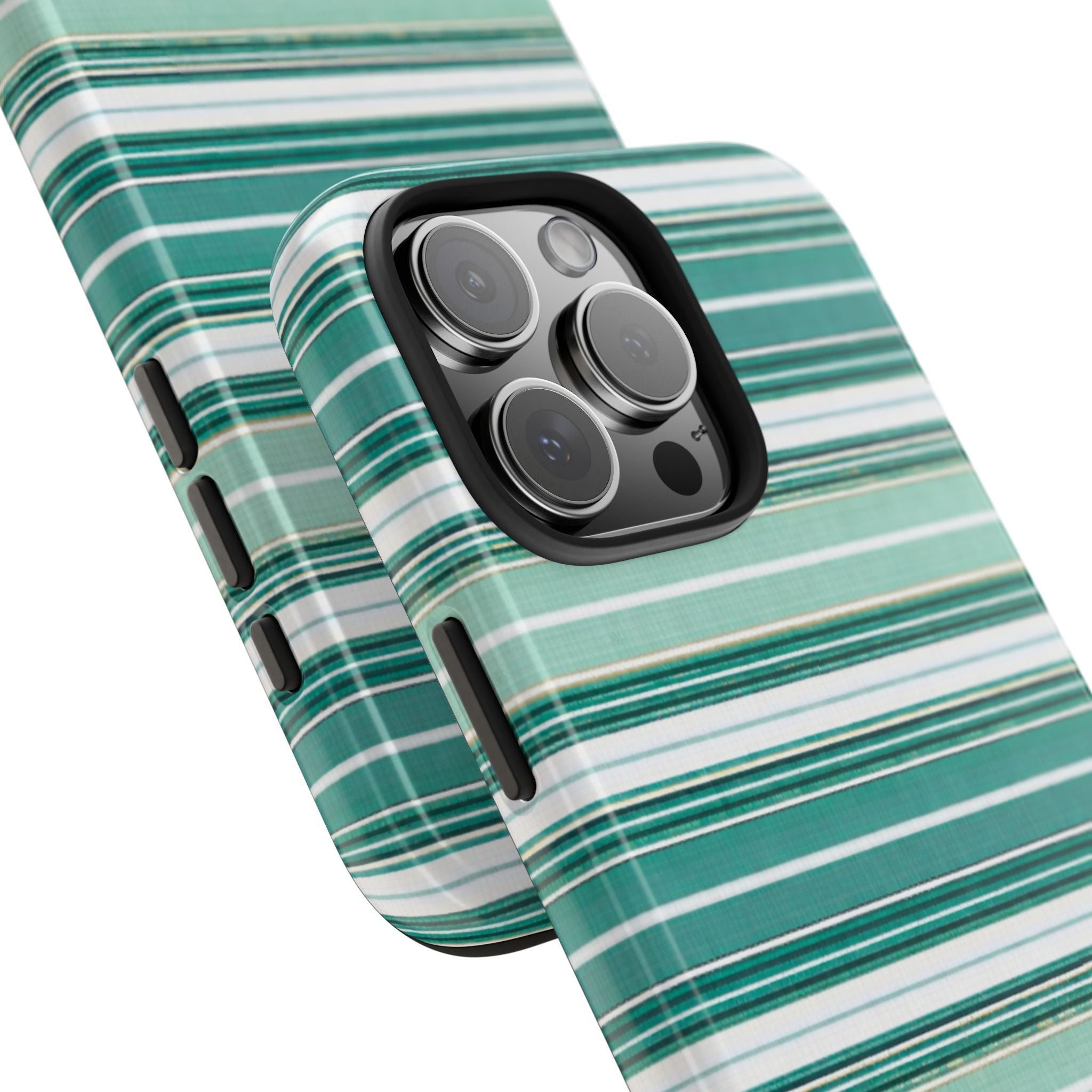 Pair of green-striped phone cases angled display, showing camera lens bump protection