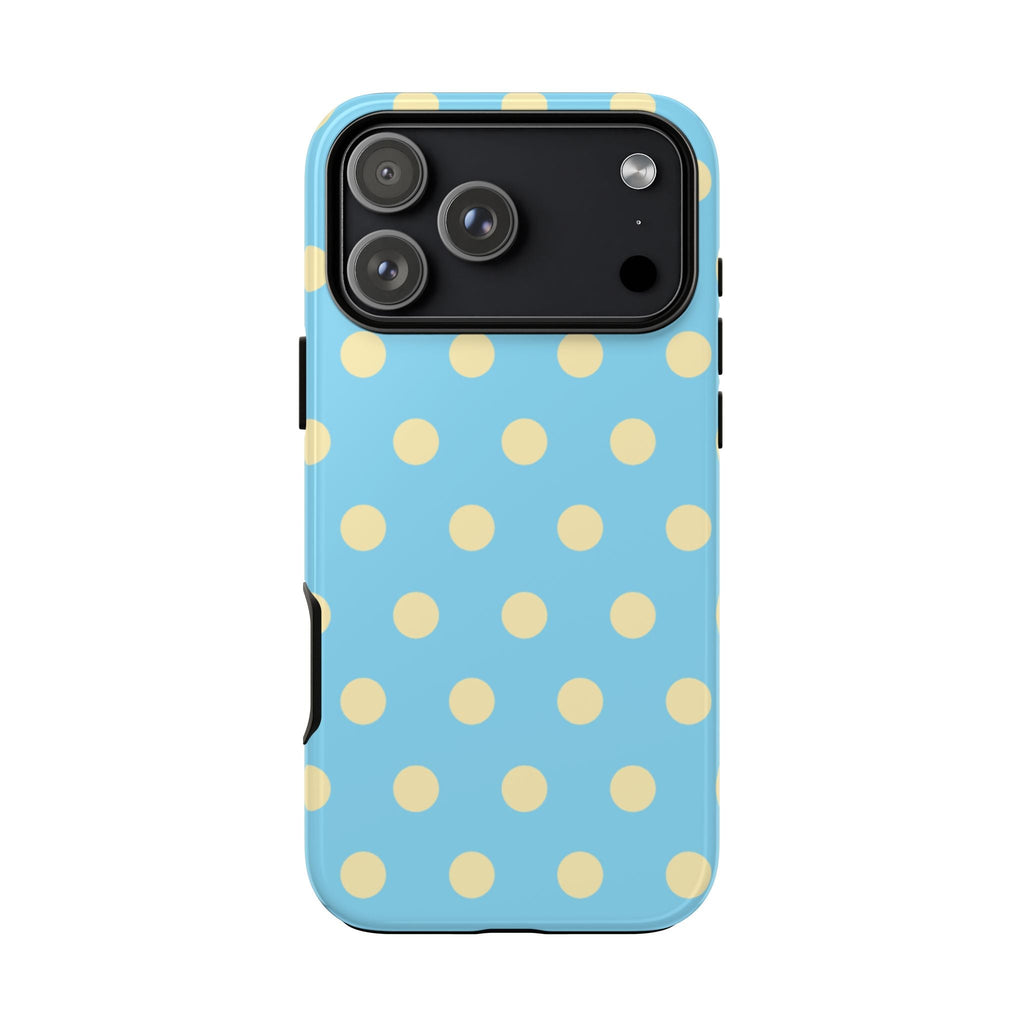 Light blue phone case with yellow polka dots; side buttons and camera opening