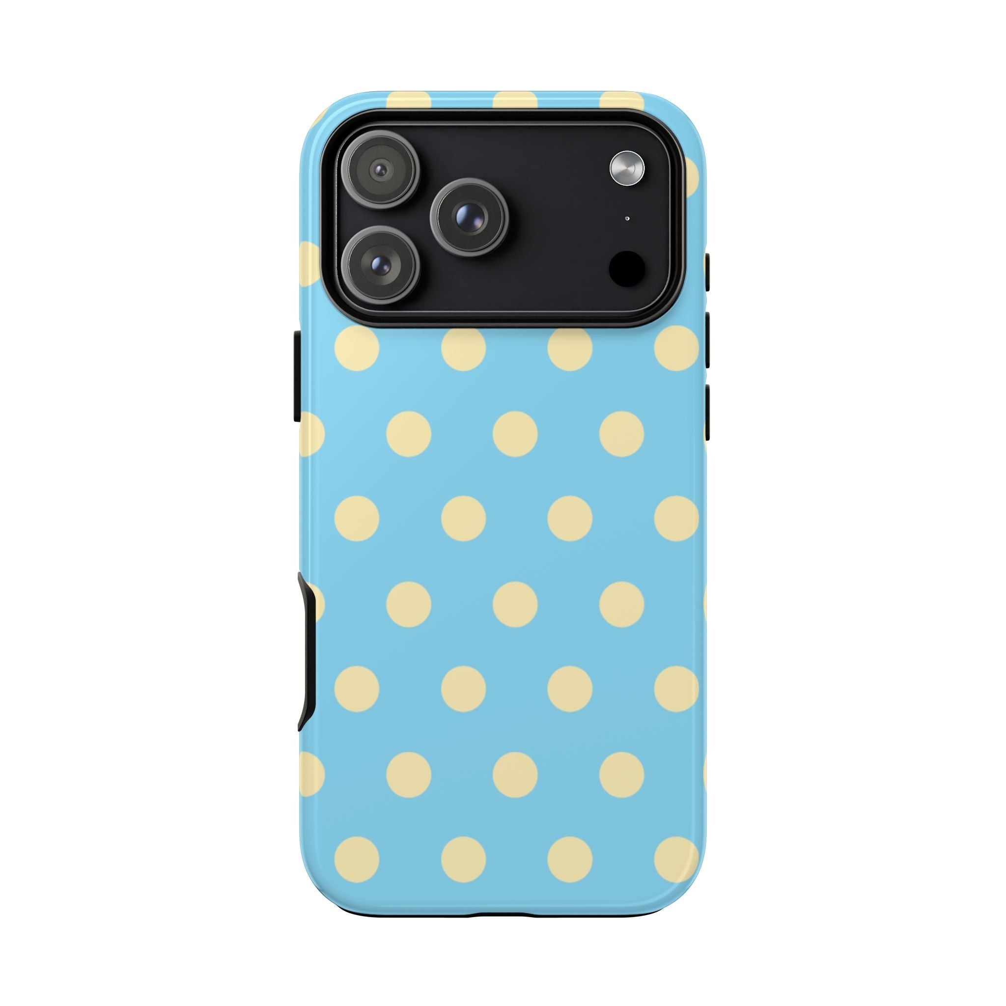 Light blue phone case with yellow polka dots; side buttons and camera opening