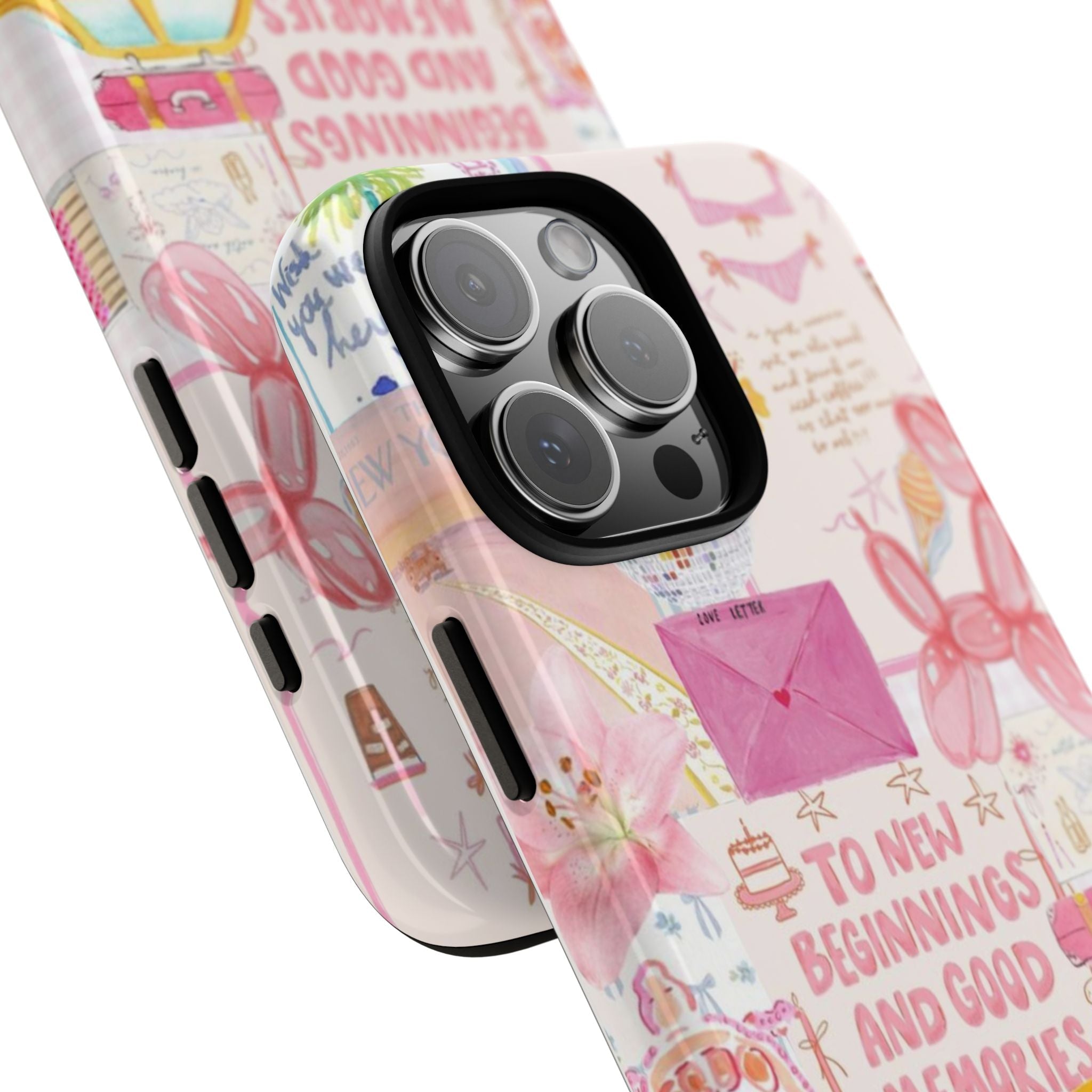 Angled view of pastel NYC phone case with bow and pink envelope; raised camera area and cutouts