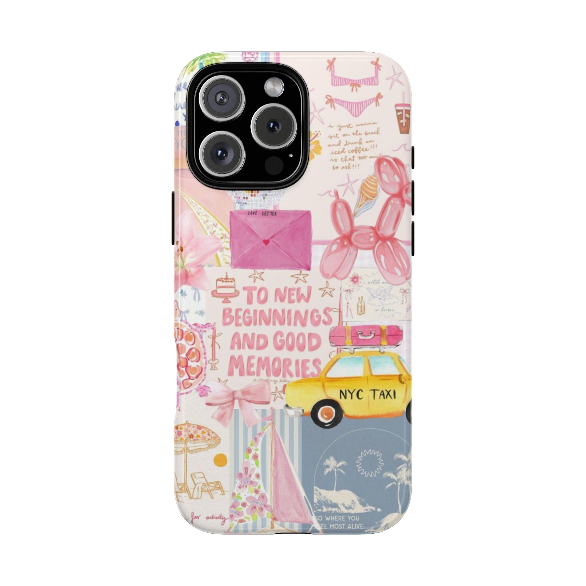 Pink pastel NYC-themed phone case with bow, taxi graphic, and “To New Beginnings and Good Memories” text