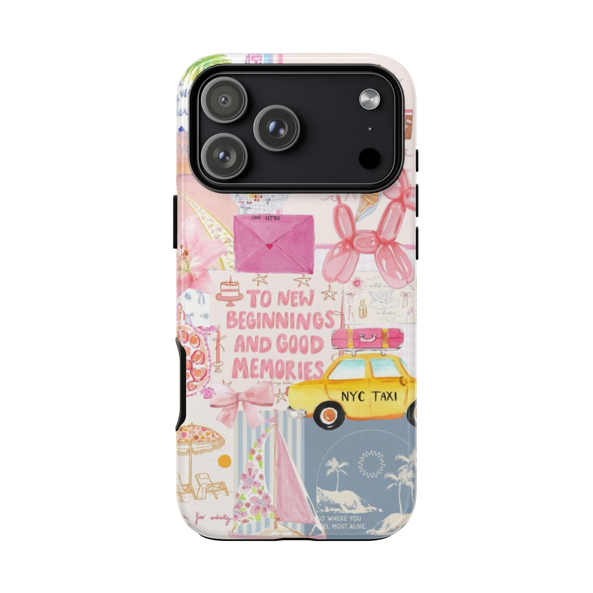 Pastel NYC collage phone case with pink envelope and NYC taxi graphic; camera cutouts on back