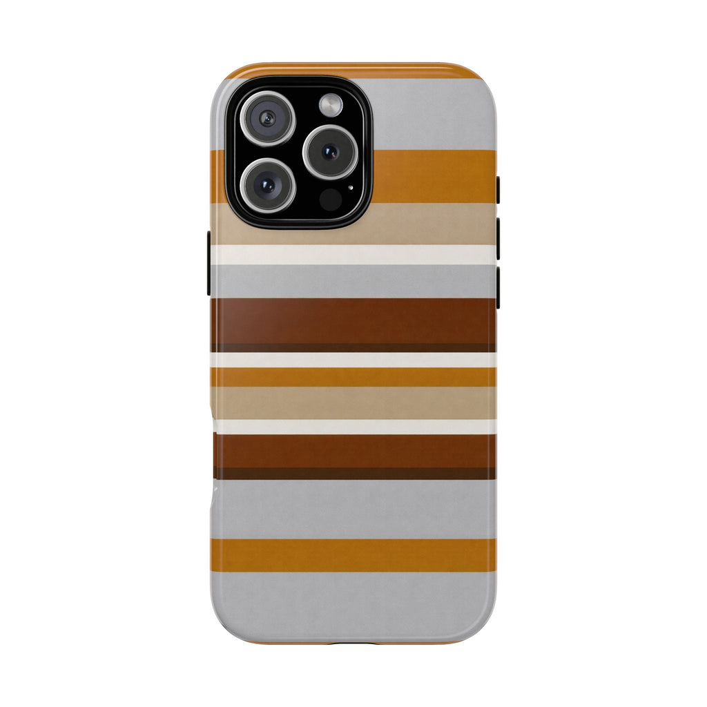Toffee stripes phone case with camera cutouts, light gray back and tan/white horizontal bands