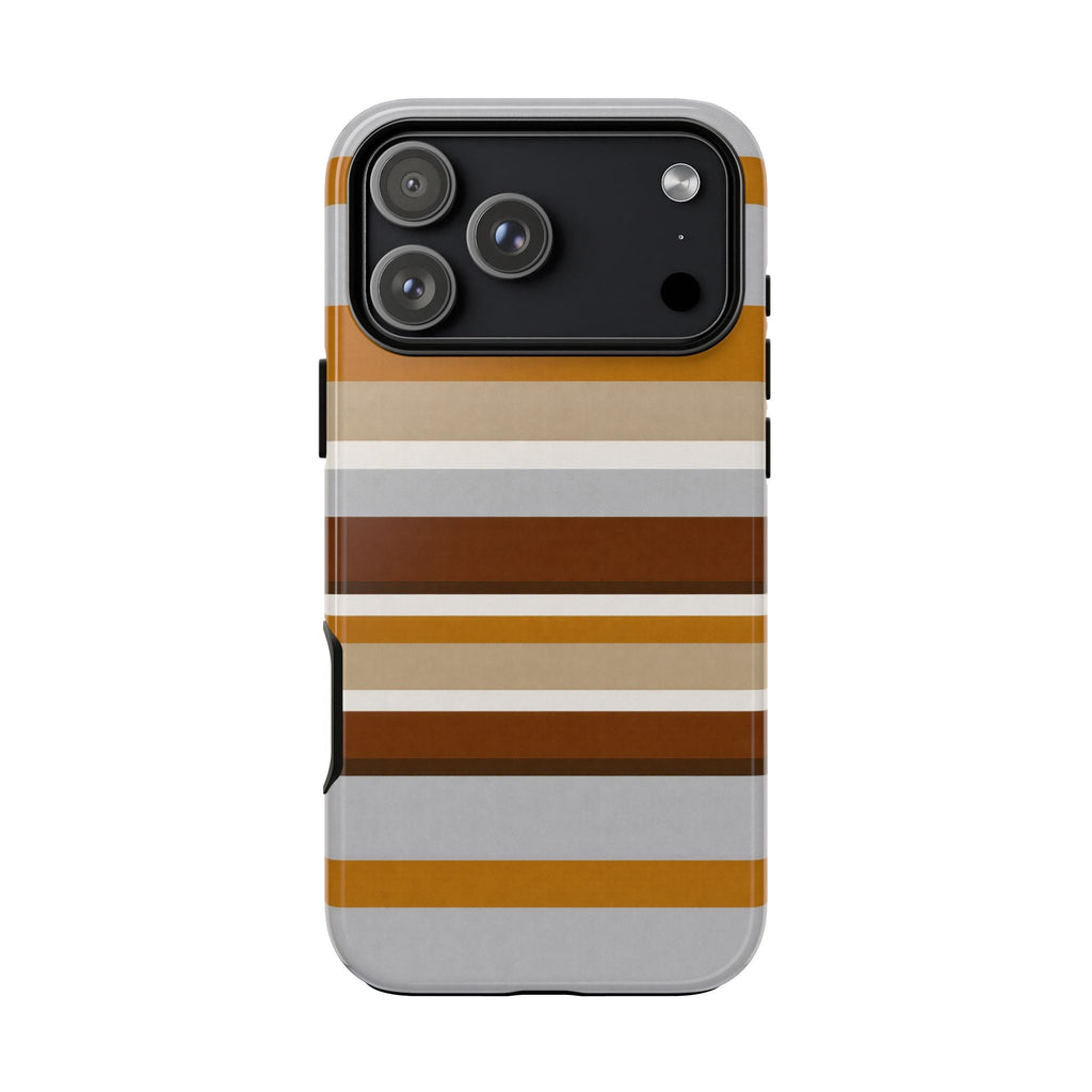Toffee stripes phone case, light gray back with tan and white horizontal bands and camera area