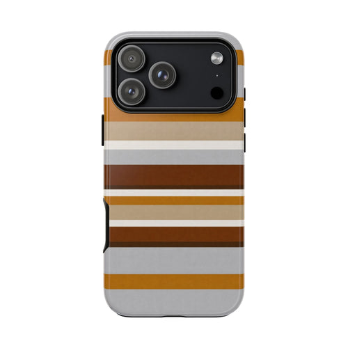 Toffee stripes phone case, light gray back with tan and white horizontal bands and camera area