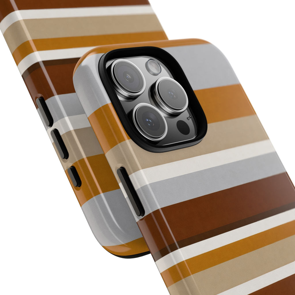 Toffee stripes phone case angled view, tan/white horizontal bands on light gray shell