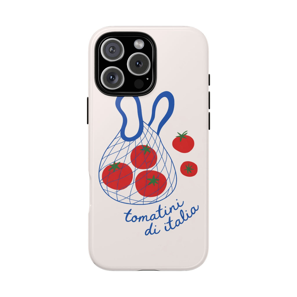Light pink phone case with blue tomato illustration, red tomato cluster, and “tomatini di italia”